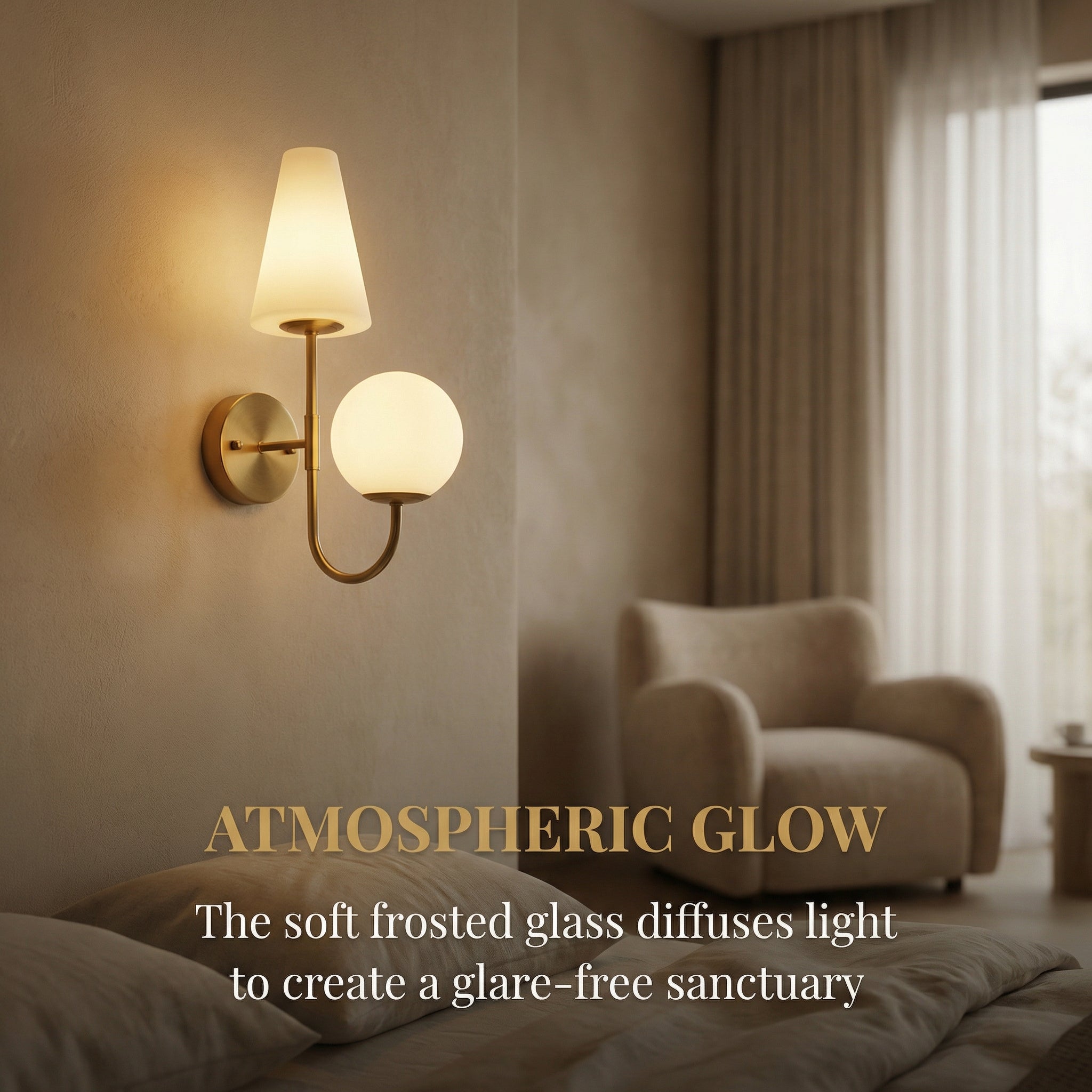 Gouden Wandlamp met Melkglazen Kap, Vintage Wandleuchte voor Slaapkamer