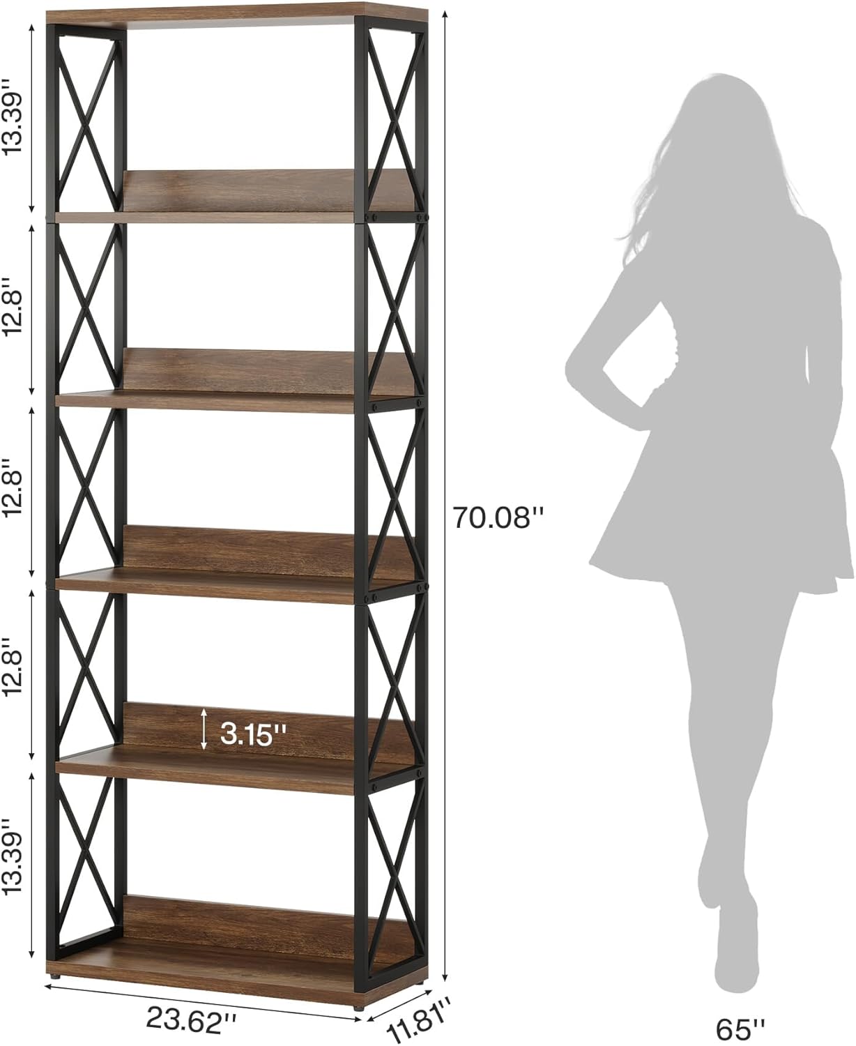 78 cm Industriële Boekenkast, 6 Open Planken in Vintage Stijl voor Elke Ruimte