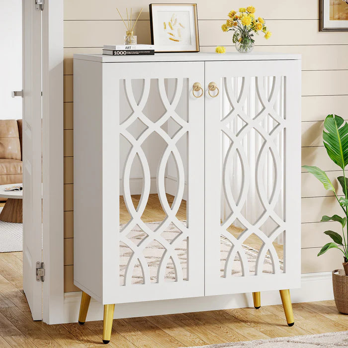 100 cm Hoge Schoenenkast, Witte Opbergmeubel met Spiegel en Deuren voor Hal of Slaapkamer