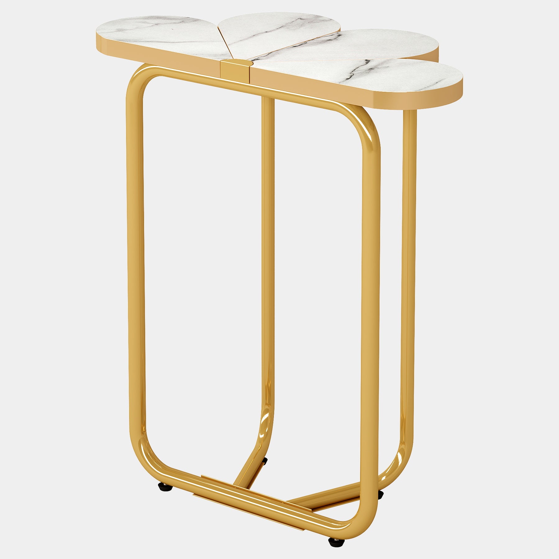 66 cm Smalle Bijzettafel, Halfronde Nachtkastje met Gouden Frame en Marmer Print