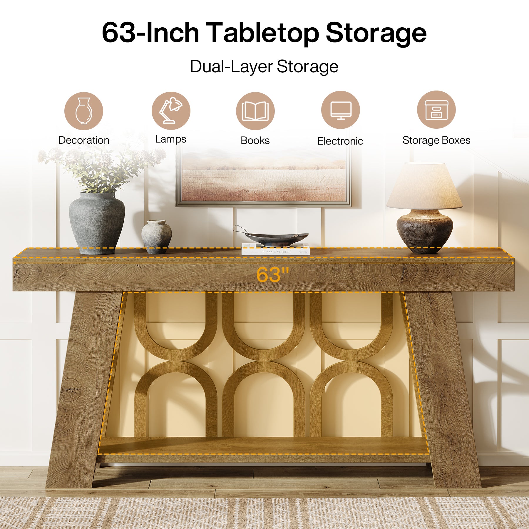 Consoletafel van 160 cm in landelijke stijl met 2-laags opbergruimte, smalle haltafel voor woonkamer en slaapkamer in lichtbruin