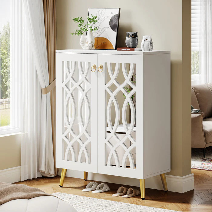 100 cm Hoge Schoenenkast, Witte Opbergmeubel met Spiegel en Deuren voor Hal of Slaapkamer