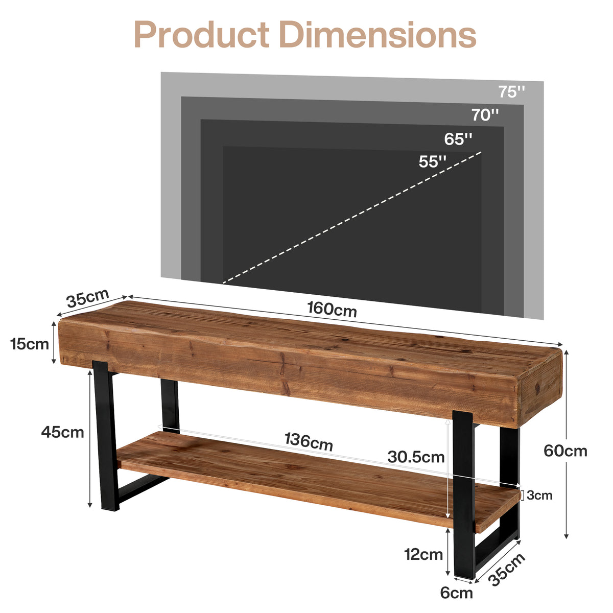 Tribesigns 160 cm tv-meubel van massief hout met 2-laags opbergrek en metalen frame, landelijke tv-kast voor woonkamer
