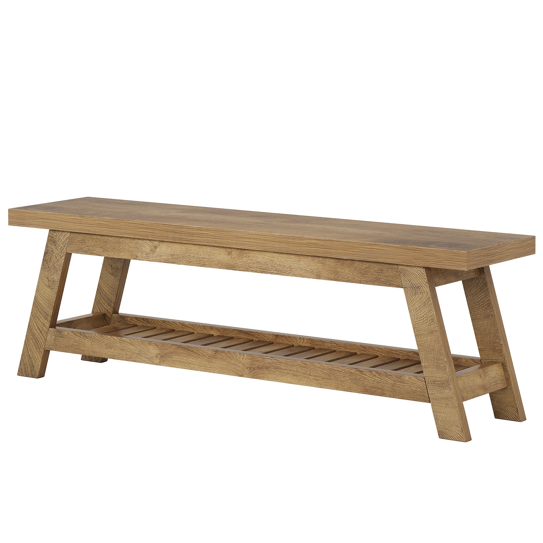 140 cm Houten Bank voor Entree, 2-Laagse Smalle Opbergbank met Open Planken voor Hal