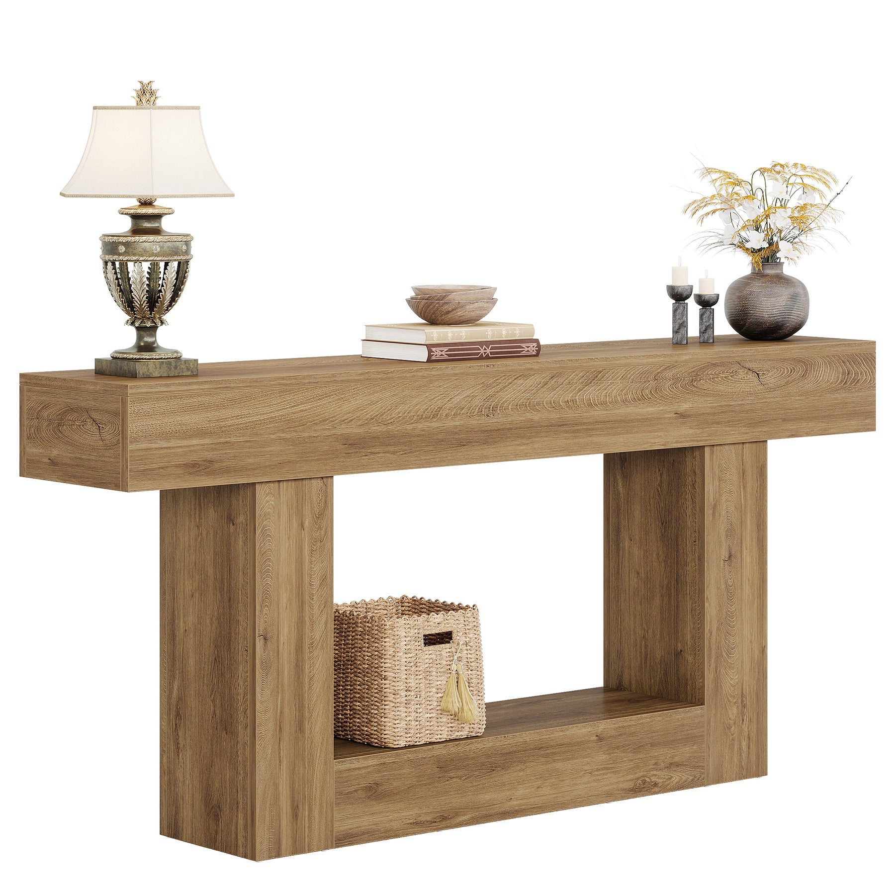 160 cm Boerenstijl Consoletafel, Tweelaagse Entreetafel met Opbergruimte in Rustiek Bruin