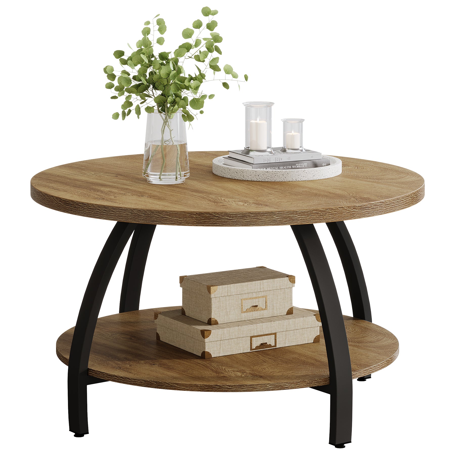 Tribesigns Ronde Salontafel van 80 cm met 2 Niveaus Opbergruimte, Centrale Woonkamertafel
