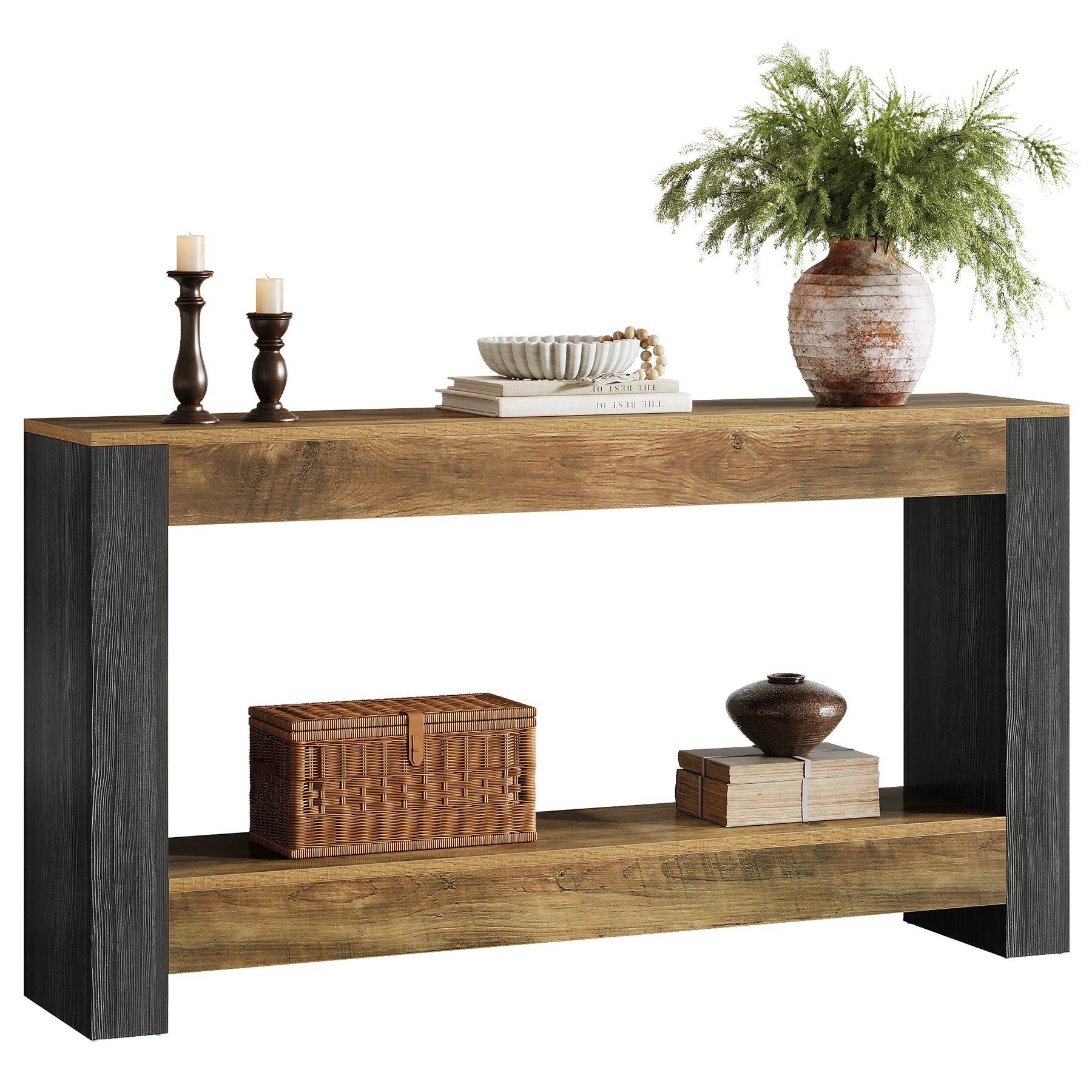 160 cm Landelijke Consoletafel in Rustiek Bruin en Zwart, Houten Sofa- en Haltafel voor Woonkamer en Entree