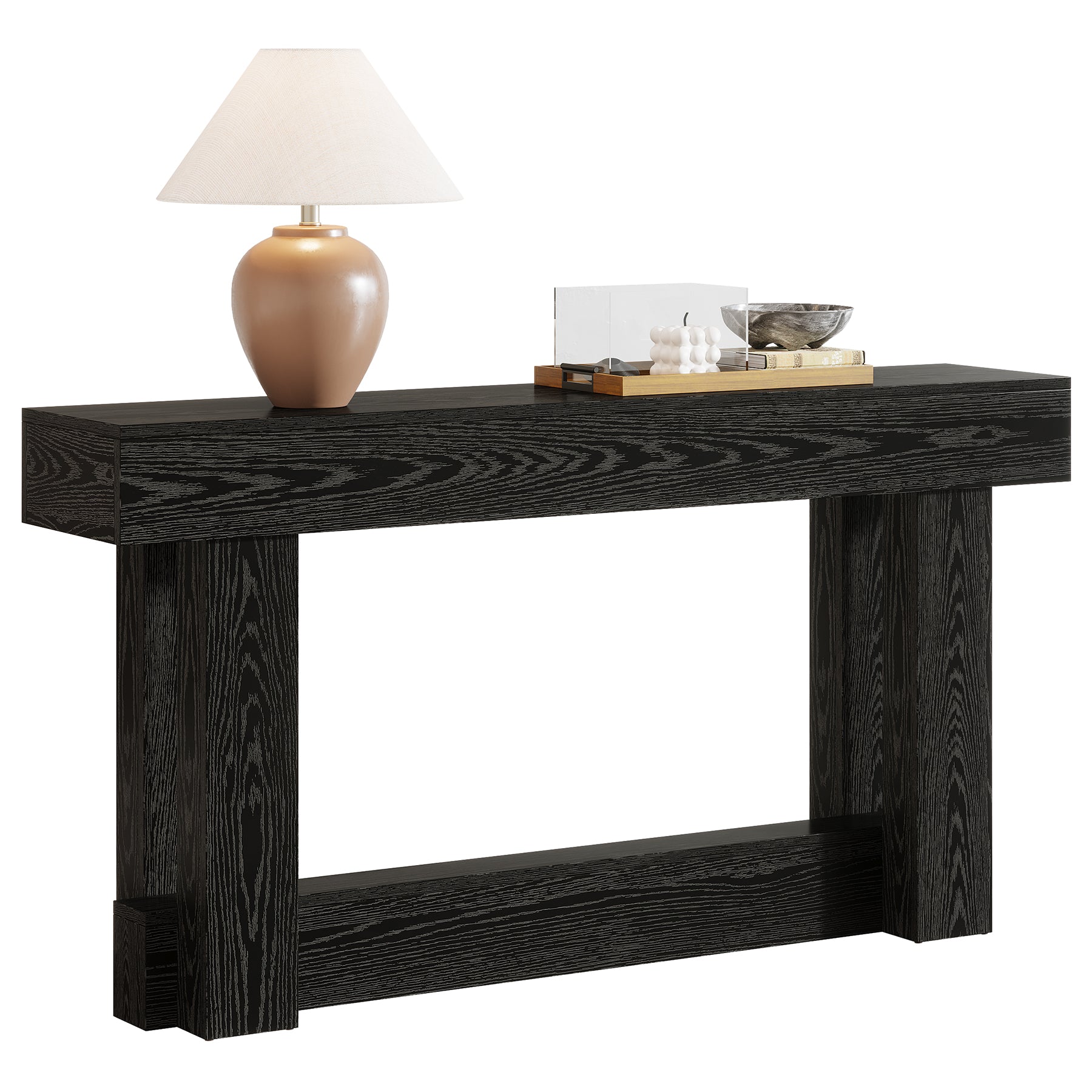 160 cm Lange Consoletafel met Opbergruimte, Tweelaags Bijzettafel in Warmbruin achter de Bank