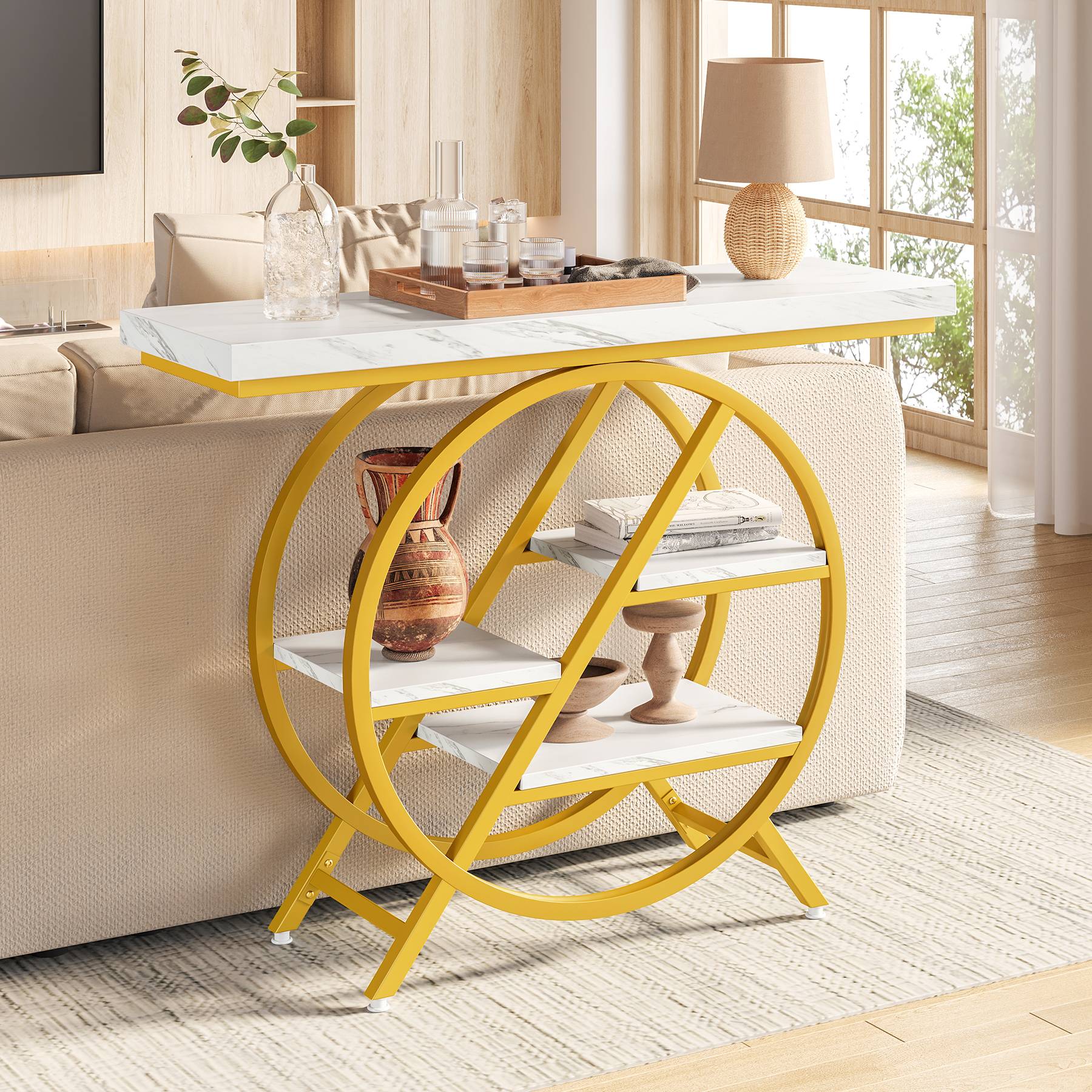 100 cm industriële consoletafel, met dik blad en geometrisch frame voor een rustieke uitstraling