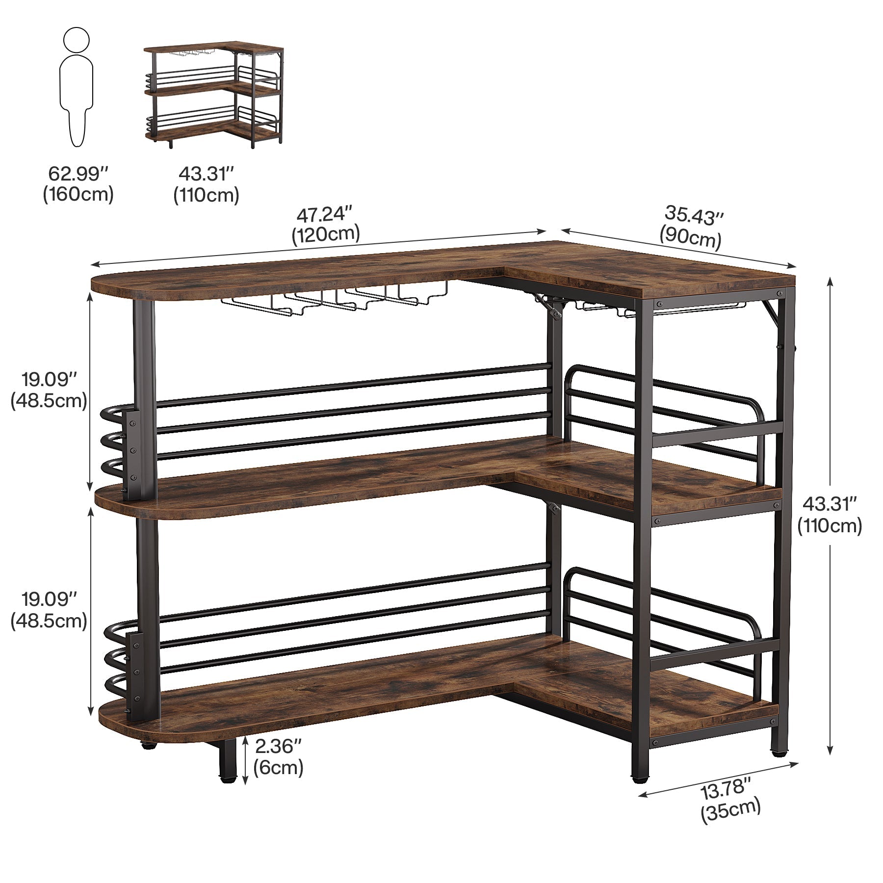 120 cm L-vormige homebar, Industriële hoekbar met 3 planken en wijnrek in landelijk bruin