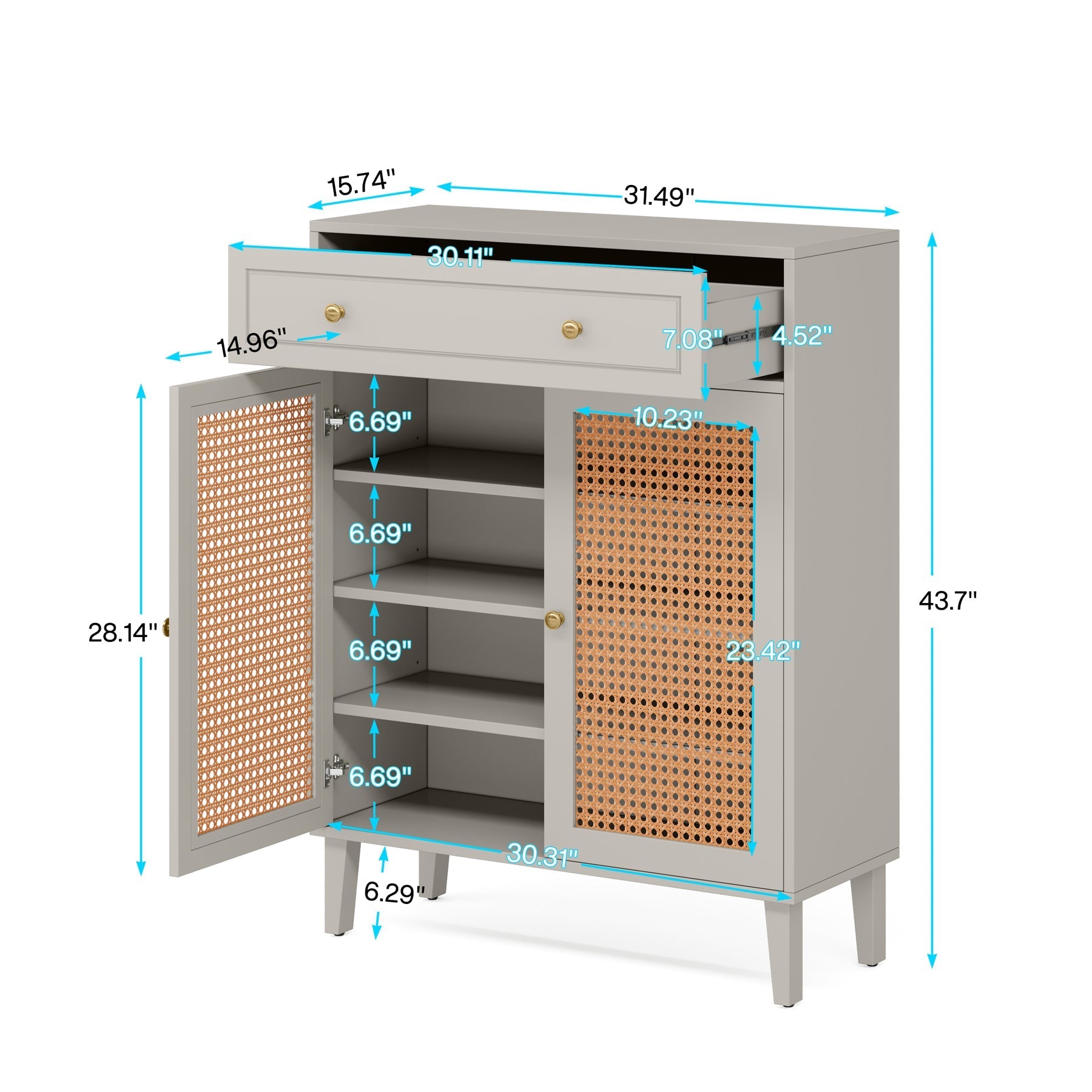 110 cm Schoenenkast, Mintgroene Rotan Opbergkast met Deuren en Lade voor Hal
