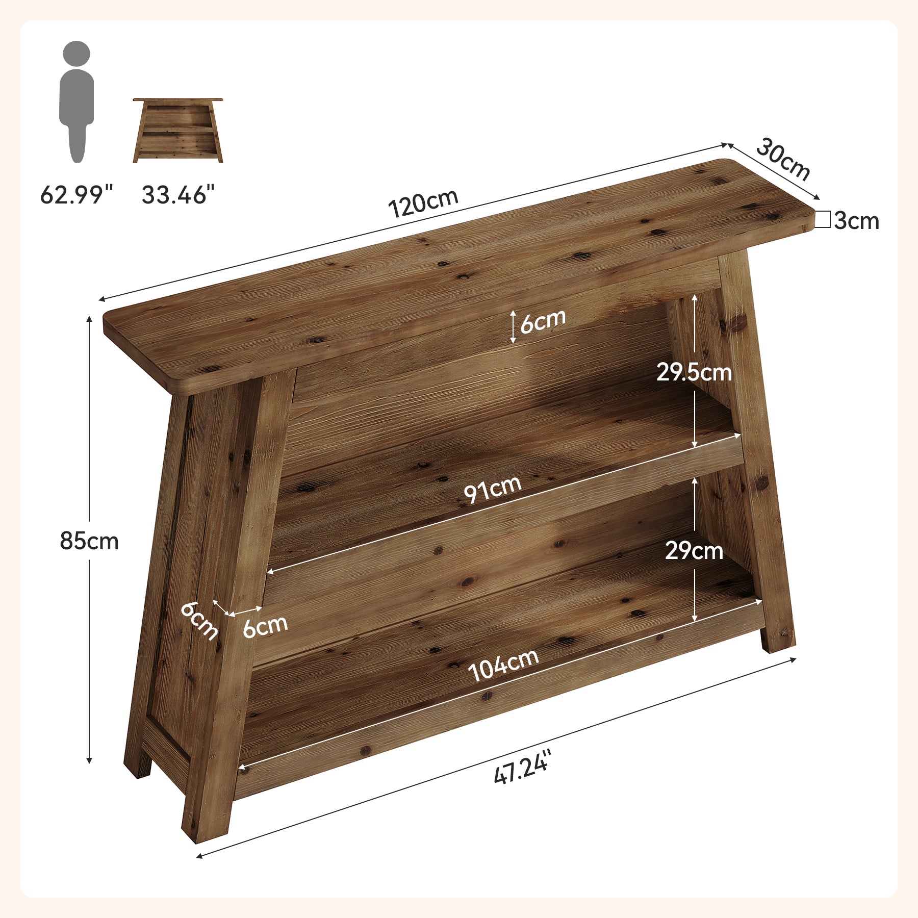 Tribesigns 120 cm massief houten consoletafel, sidetable met 3 planken voor hal