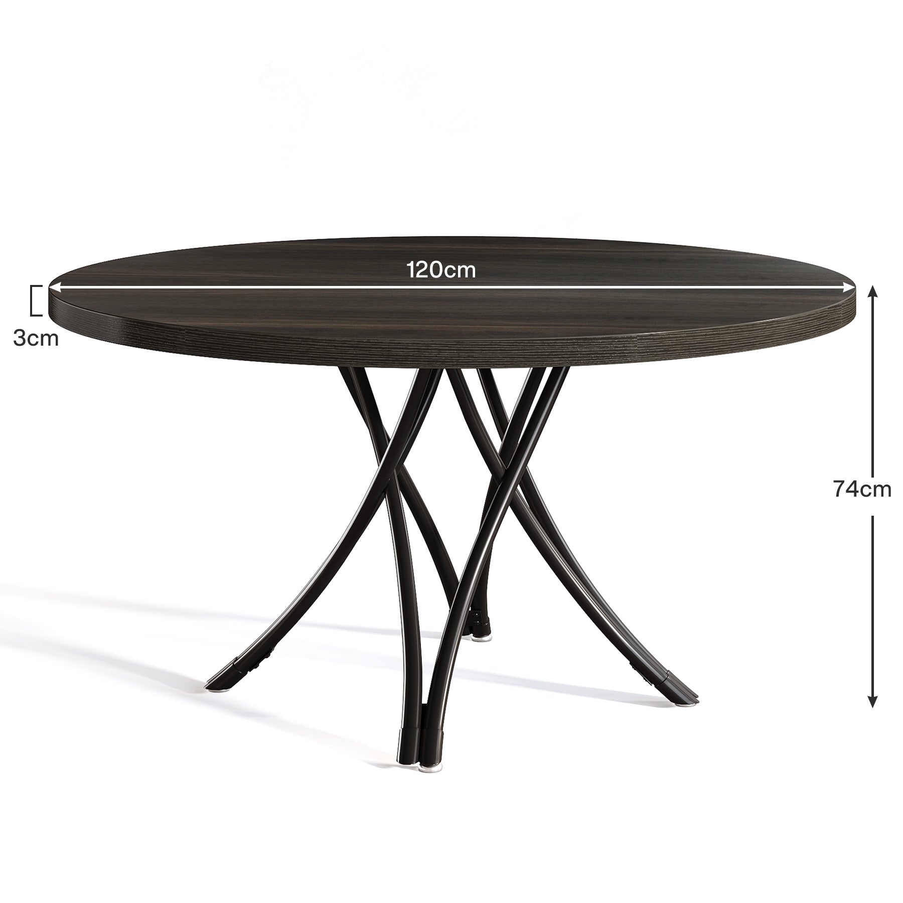Ronde Eettafel voor 4-6 Personen, 120 cm met Kruisvormige Metalen Poten in Het Zwart