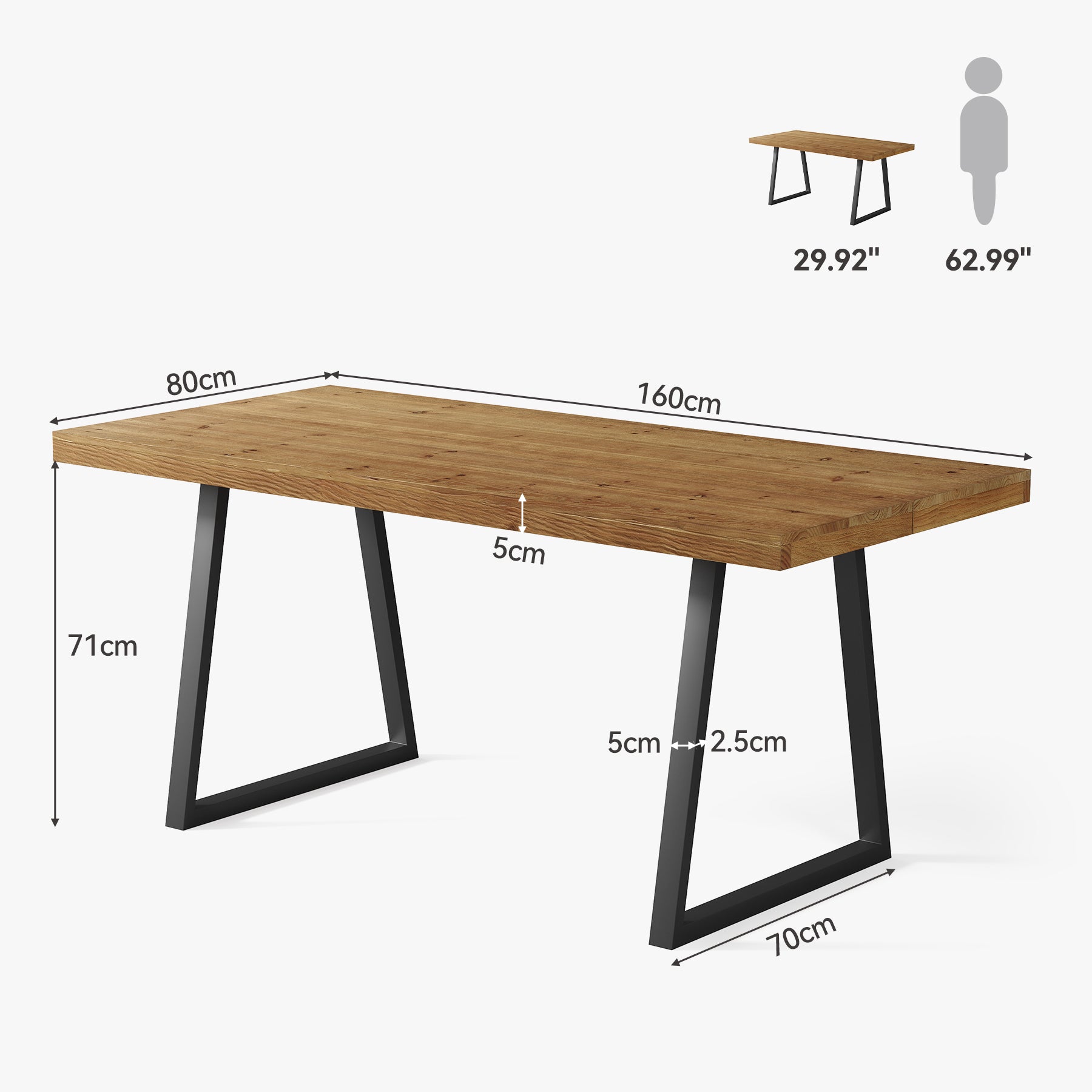 160 cm Industrieel Bureau, Massief Houten Blad met Robuuste Metalen Poten