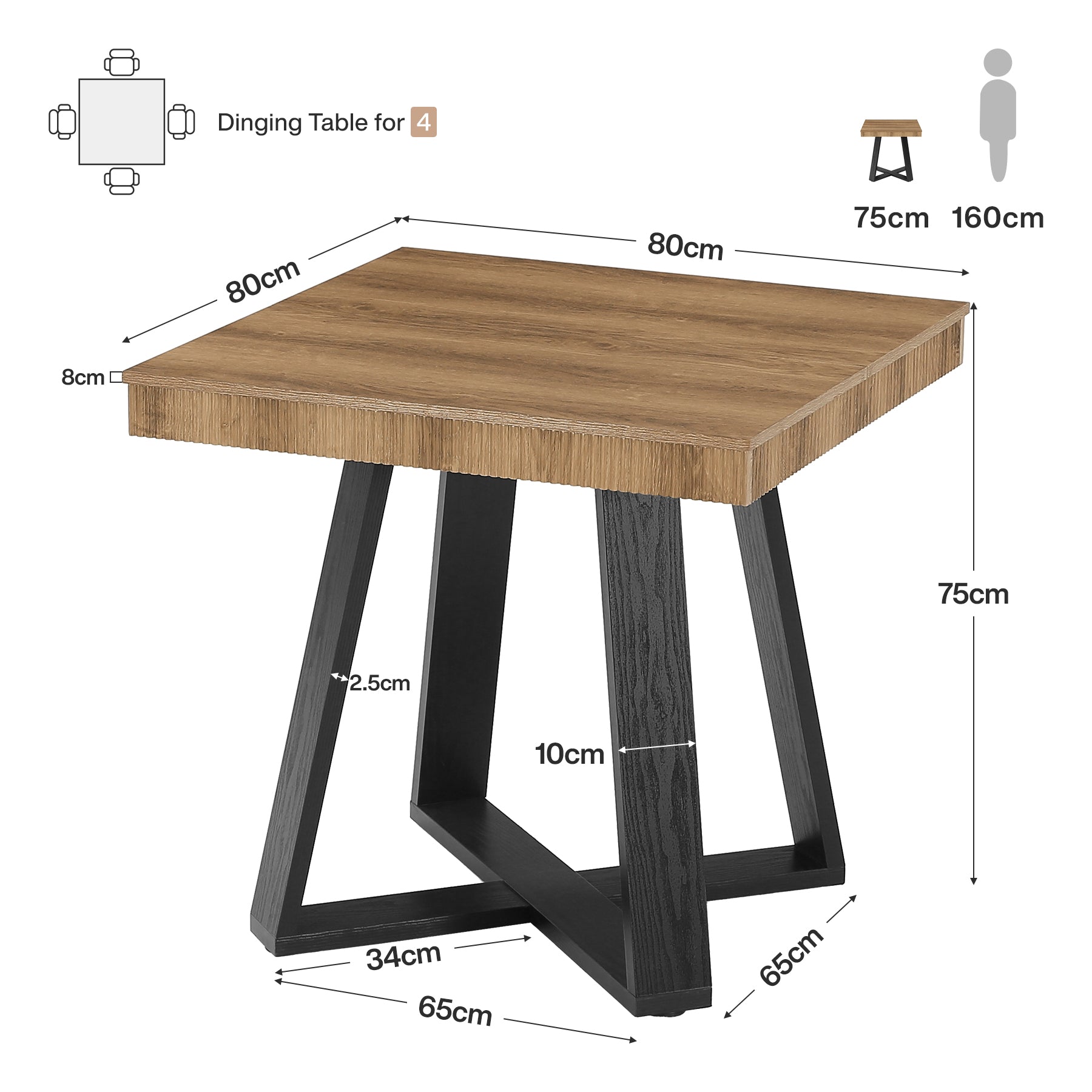 80 cm Vierkante Eettafel voor 4 Personen, Landelijke Houten Tafel met Geribbelde Rand en X-Basis voor Kleine Ruimtes