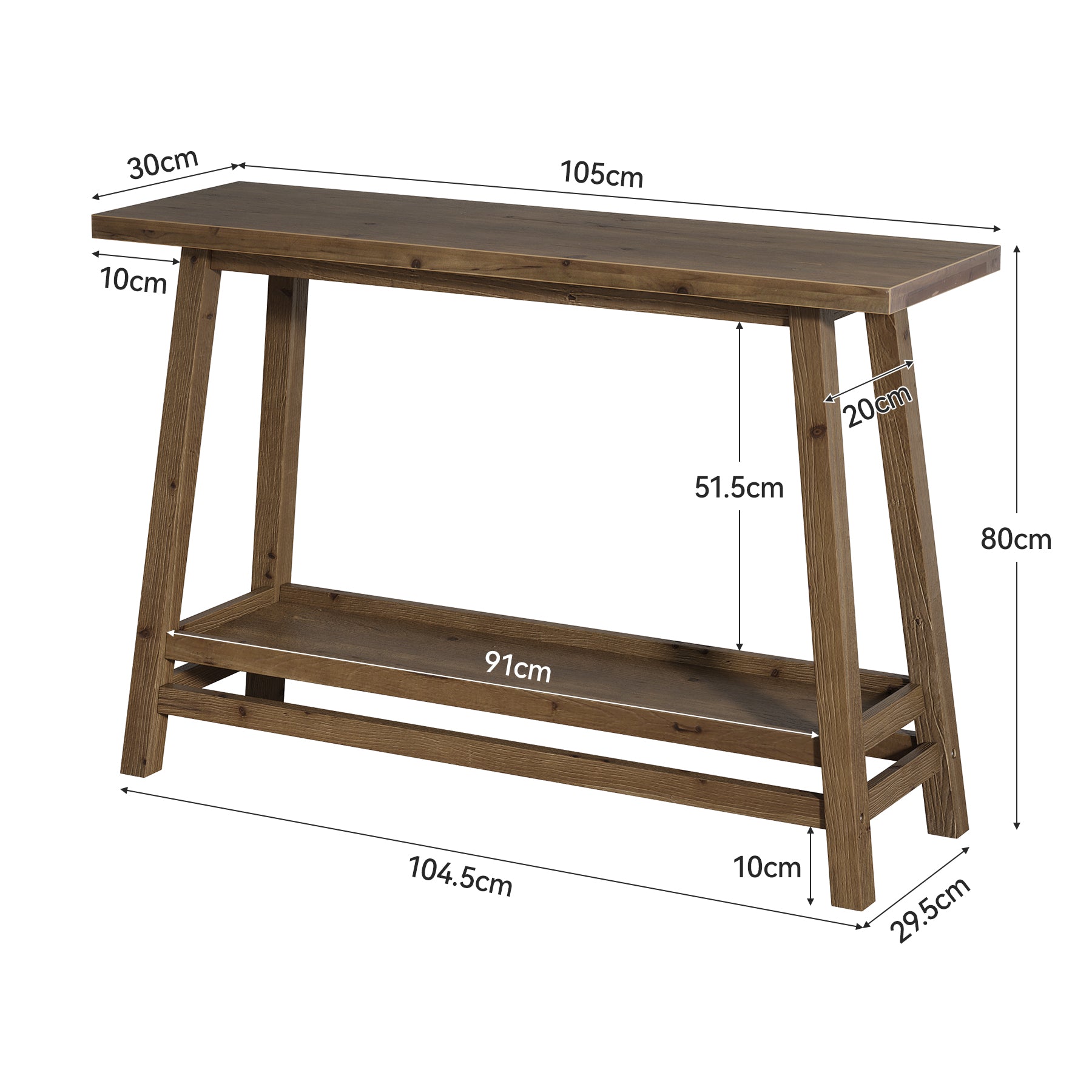 105 cm Landelijke Consoletafel van Massief Hout, Smalle Haltafel met Opbergschap 2-Lagen Achter Bank Meubel