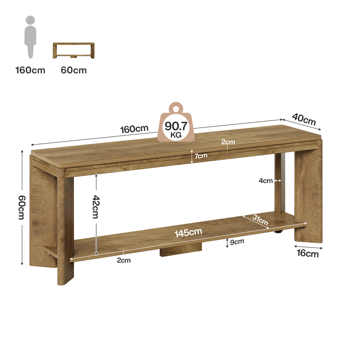 Tribesigns 160 cm lage houten consolentafel met 2-laags opbergruimte, landelijke haltafel voor hal en woonkamer
