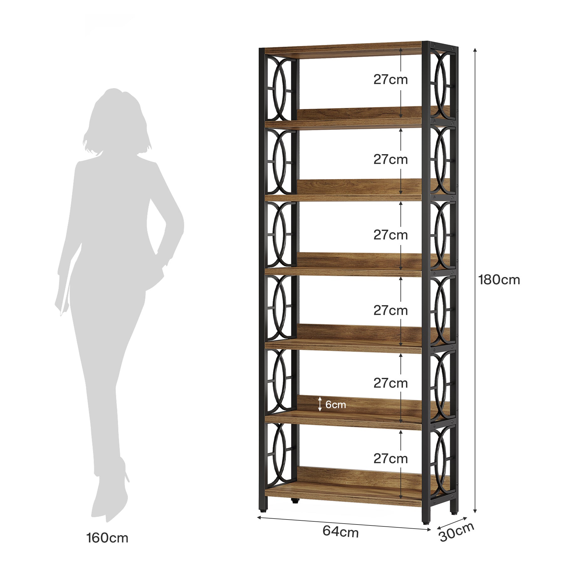 180 cm Boekenkast met 6 Niveaus, Industrieel Vrijstaand Displayrek met Metalen Frame