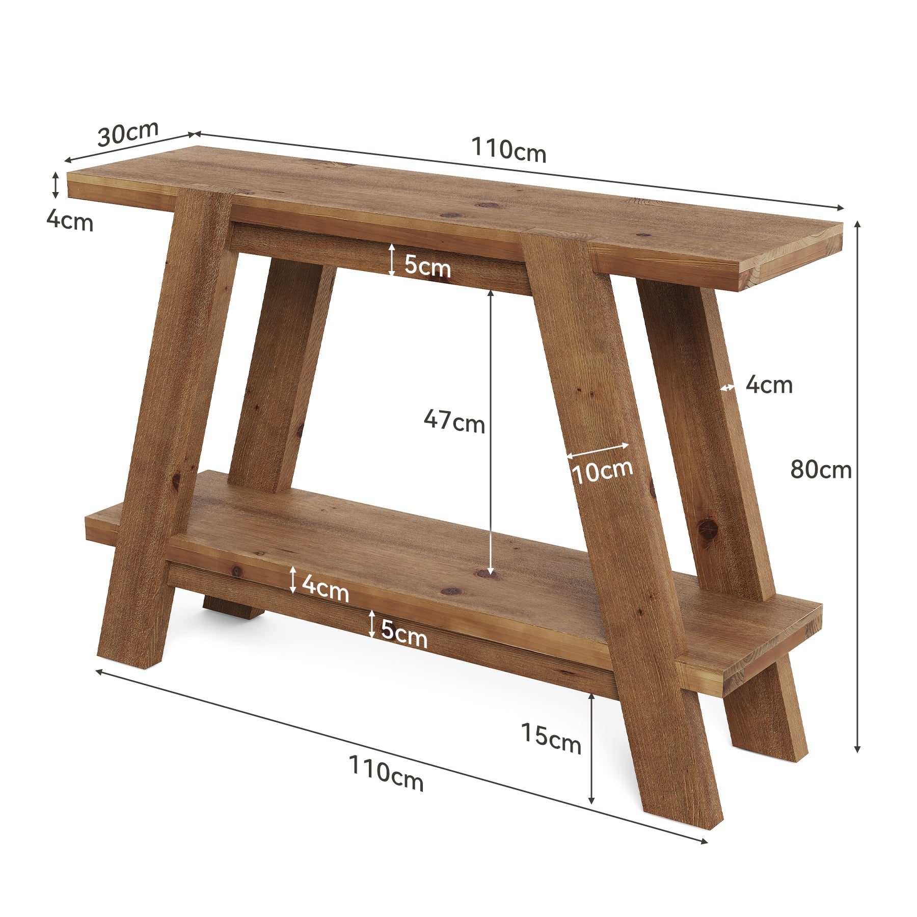 110 cm Massief Houten Consoletafel met 2 Planken, Smalle Haltafel in Landelijke Stijl Bruin