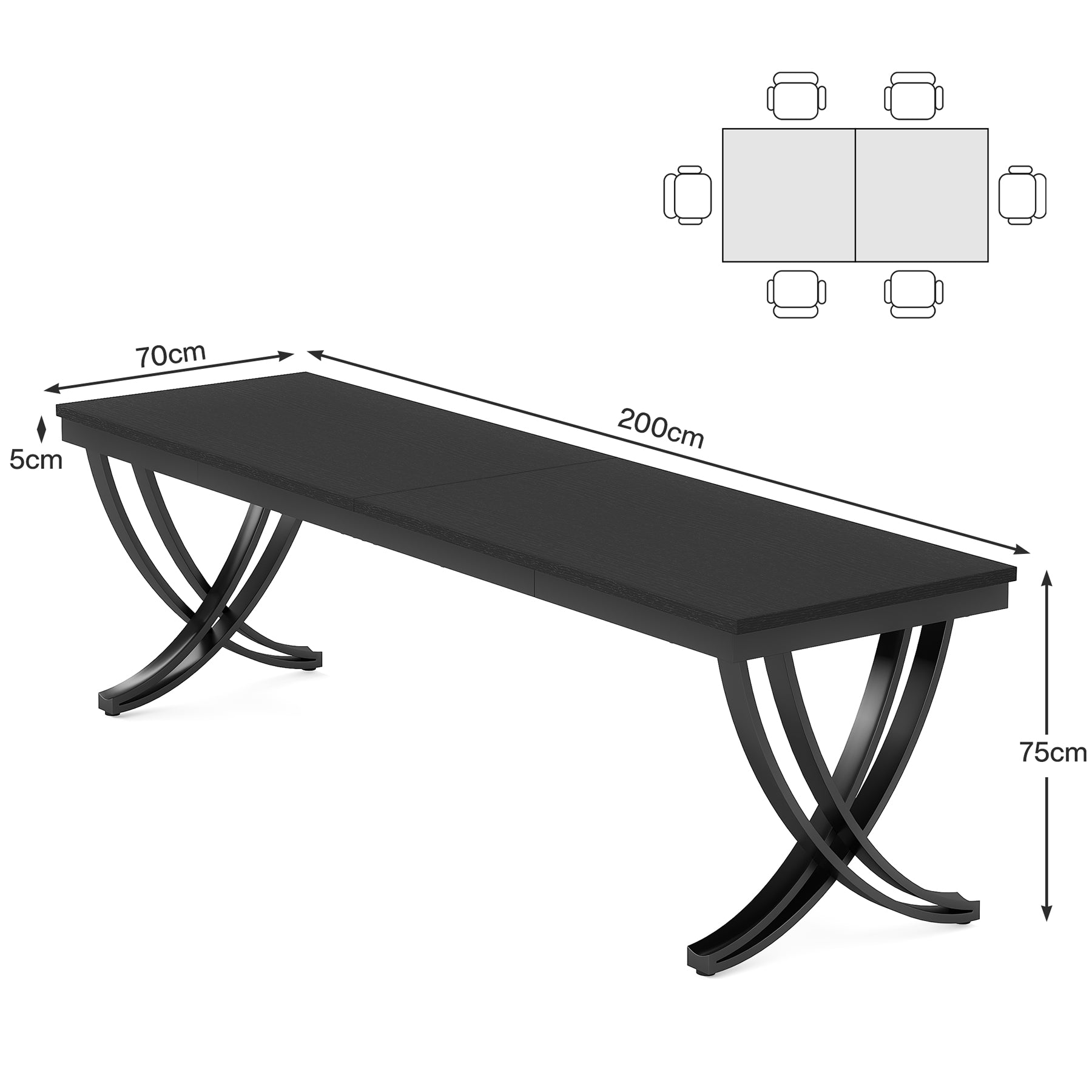 200 cm Landelijke Eettafel, Grote Houten Tafel met Metalen Poten voor Zes tot Acht Personen