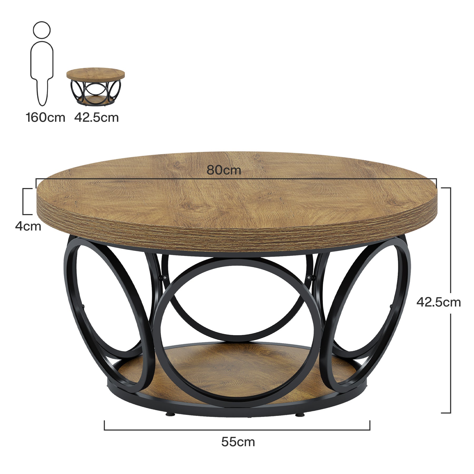 80 cm Ronde Salontafel, Landelijke Tafels met Dubbele Opbergplanken in Houtstructuur