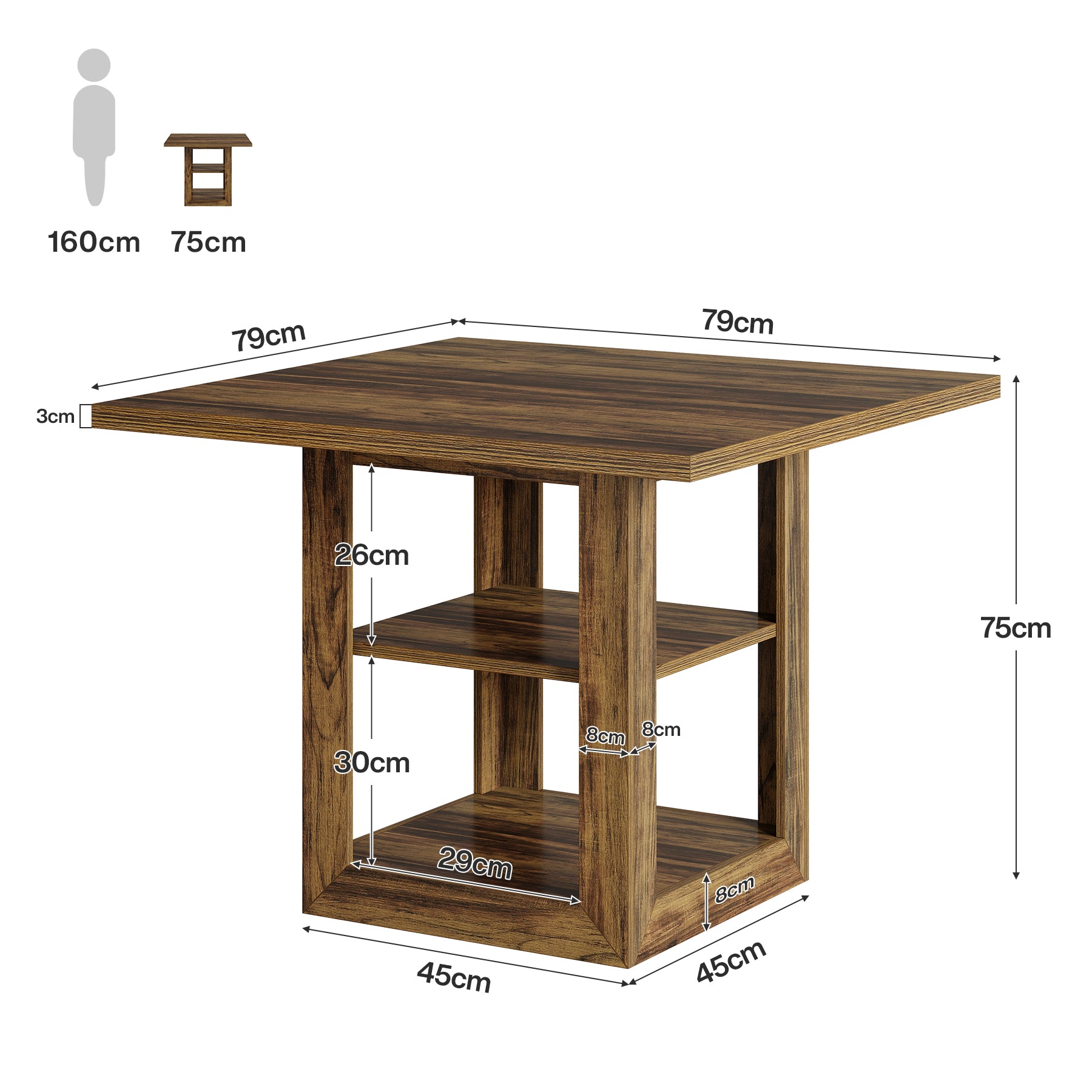 Tribesigns 79 cm Vierkante Eettafel voor 4 Personen, Met 2-Tier Opbergruimte