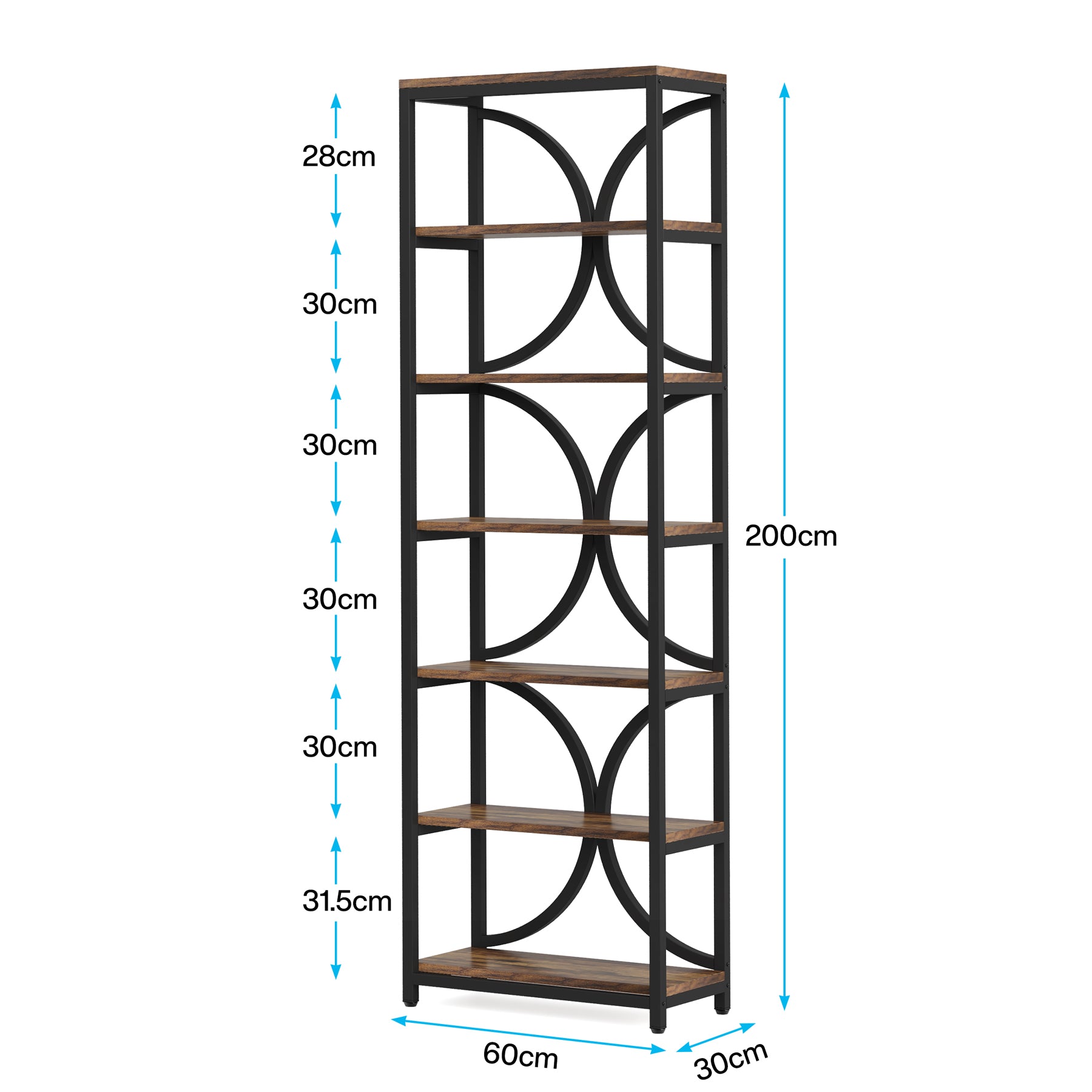 200 cm Hoge Boekenkast, Industriële Boekenplank met Zes Planken voor Woonkamer en Kantoor