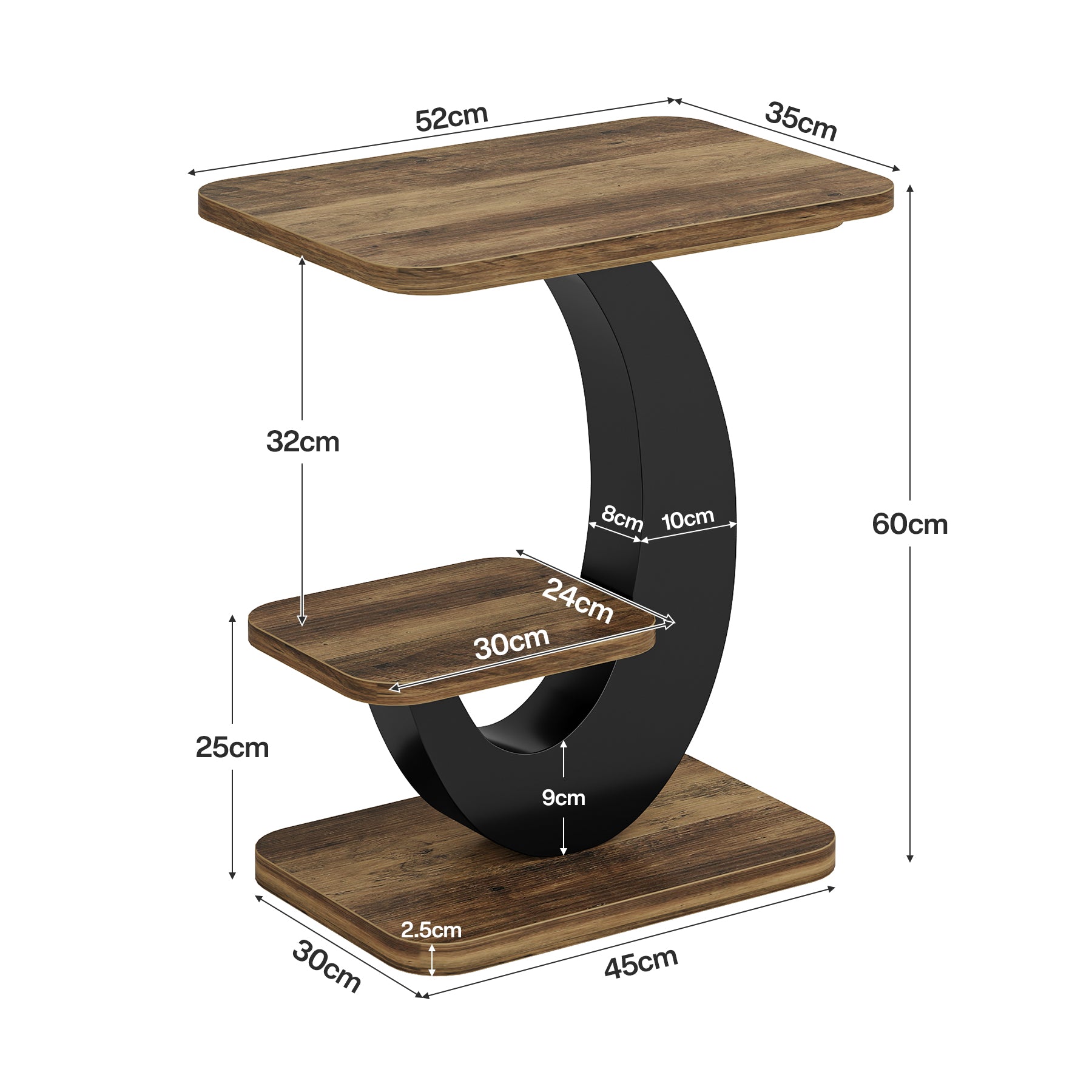 60 cm Smalle Bijzettafel met 2 Niveaus, Industriële Houten Sidetable voor Woonkamer en Slaapkamer