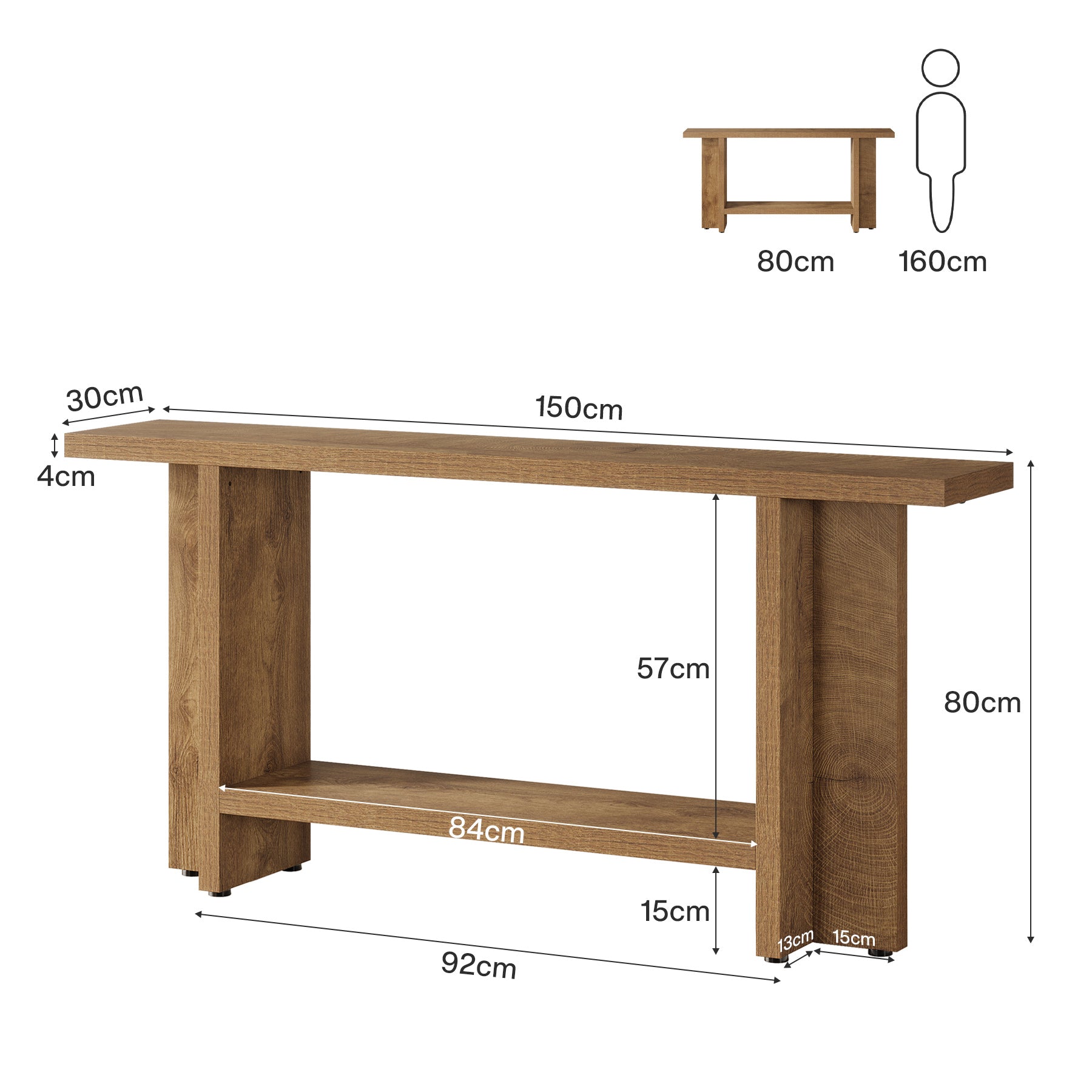 Smal Design Console Meubel, 150 cm Lange Tafel met Plank voor Entree en Woonkamer
