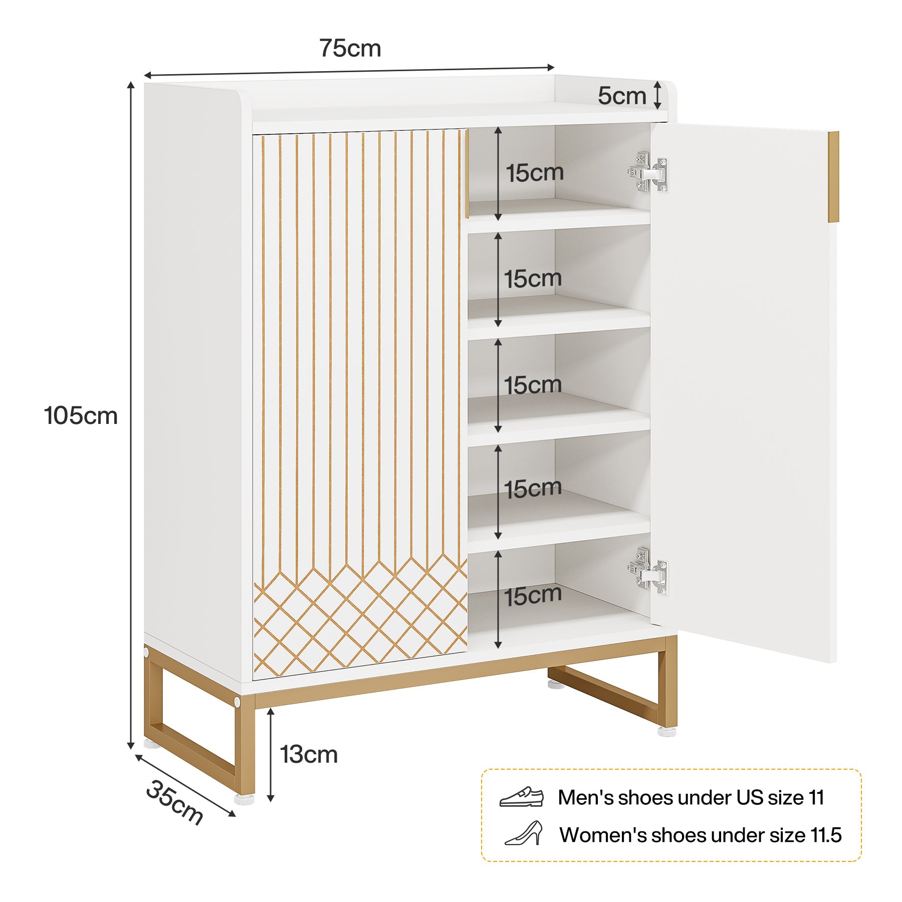 75x35x105 cm moderne schoenenkast, met 2 deuren en 5 laden voor een opgeruimde entree of slaapkamer