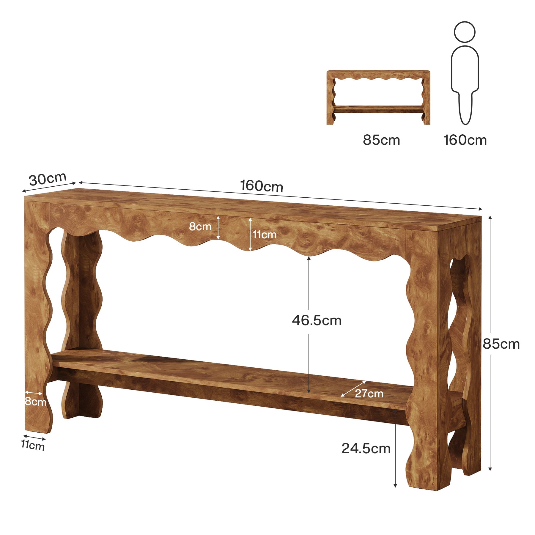 160 cm Moderne Landelijke Consoletafel met Golfrand, Smalle Haltafel met Opberdschap voor Woonkamer en Entree