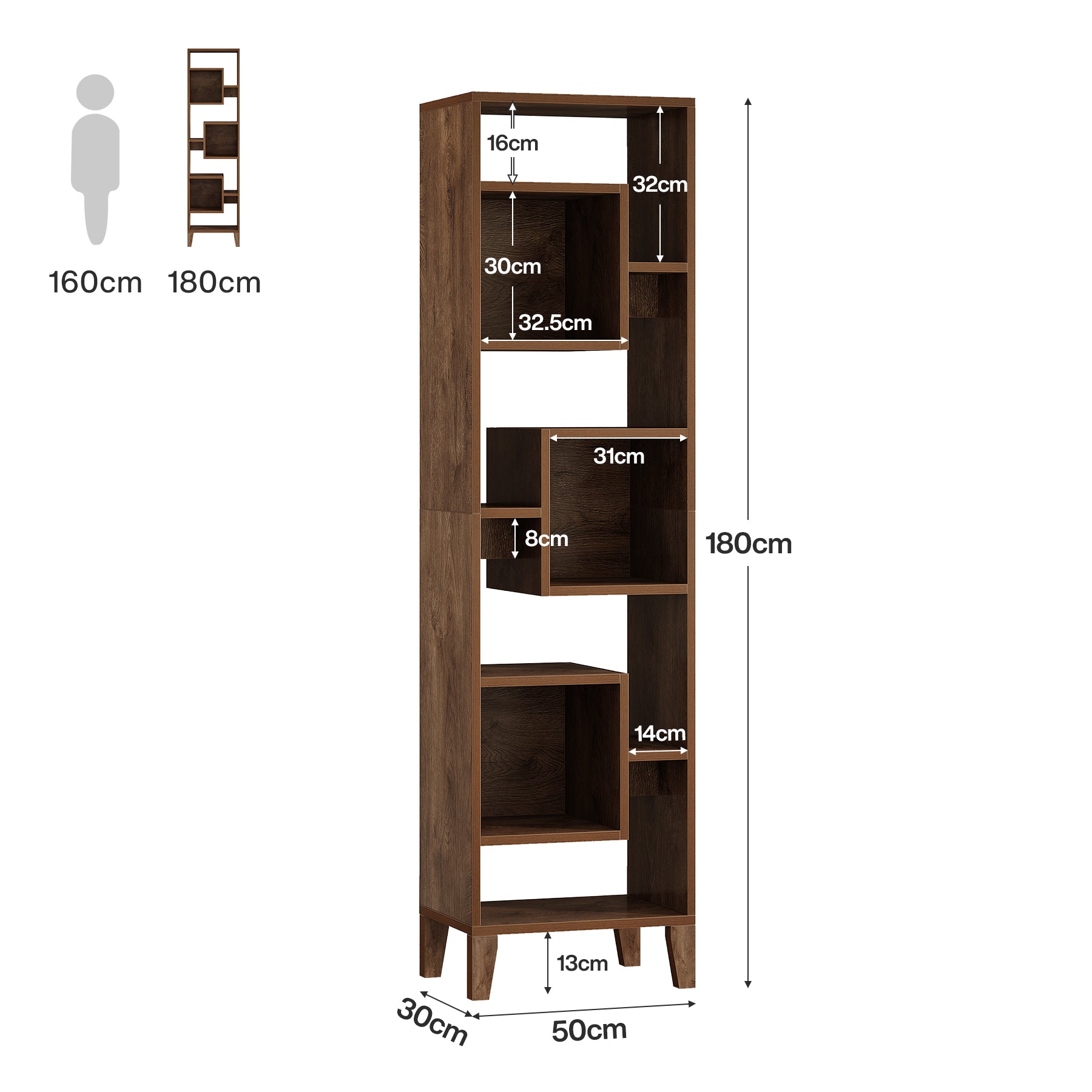 180 cm Hoge Hoekplank, 8-Niveau Houten Boekenkast en Plantenstandaard voor Woonkamer
