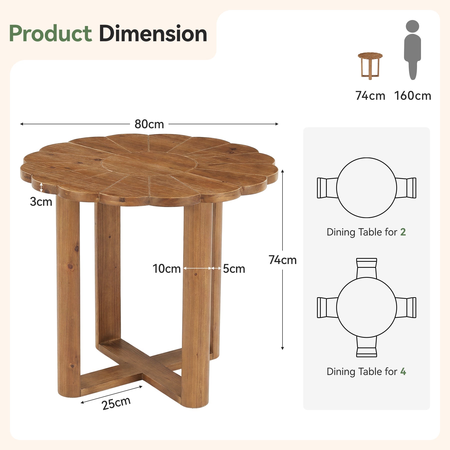 Tribesigns Massief Houten Ronde Eettafel 80 cm voor 2–4 personen, Landelijke Eetkamertafel met Floraal Snijwerkpatroon