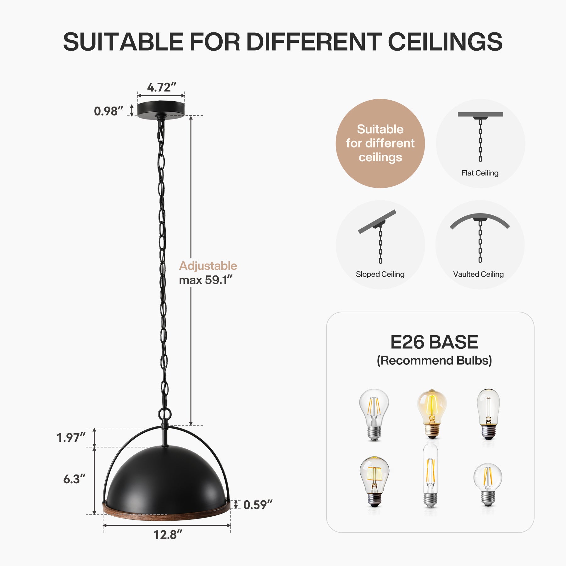 33 cm Metalen Hanglamp met Verstelbare Hoogte, Industriële 1-Lichts Lamp voor Woonkamer Keuken Slaapkamer