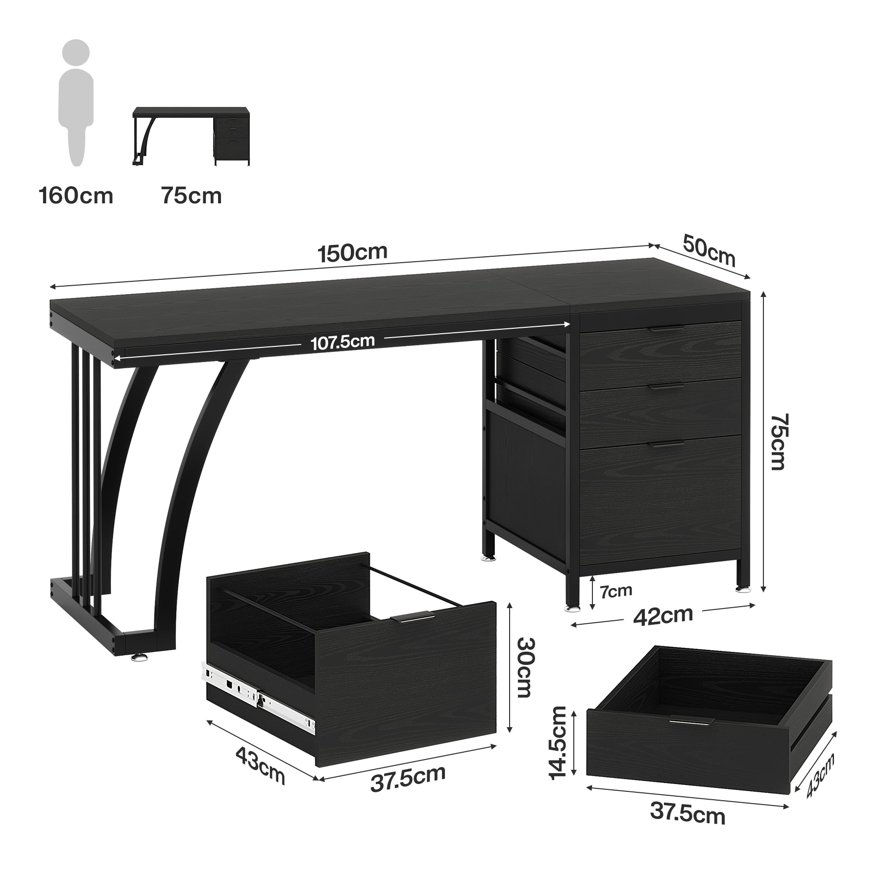 150 cm Met 3 Laden, Make-up Bureau Met Ombouwbare Opbergruimte