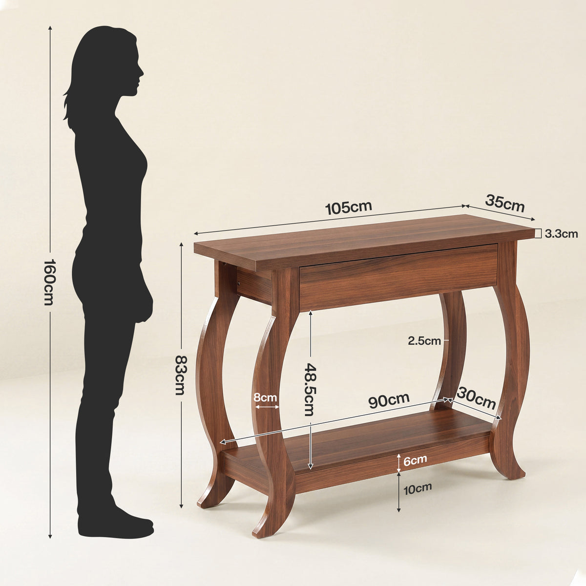105 cm smalle consoletafel met lade en open opbergplank, landelijke haltafel met gebogen poten voor woonkamer