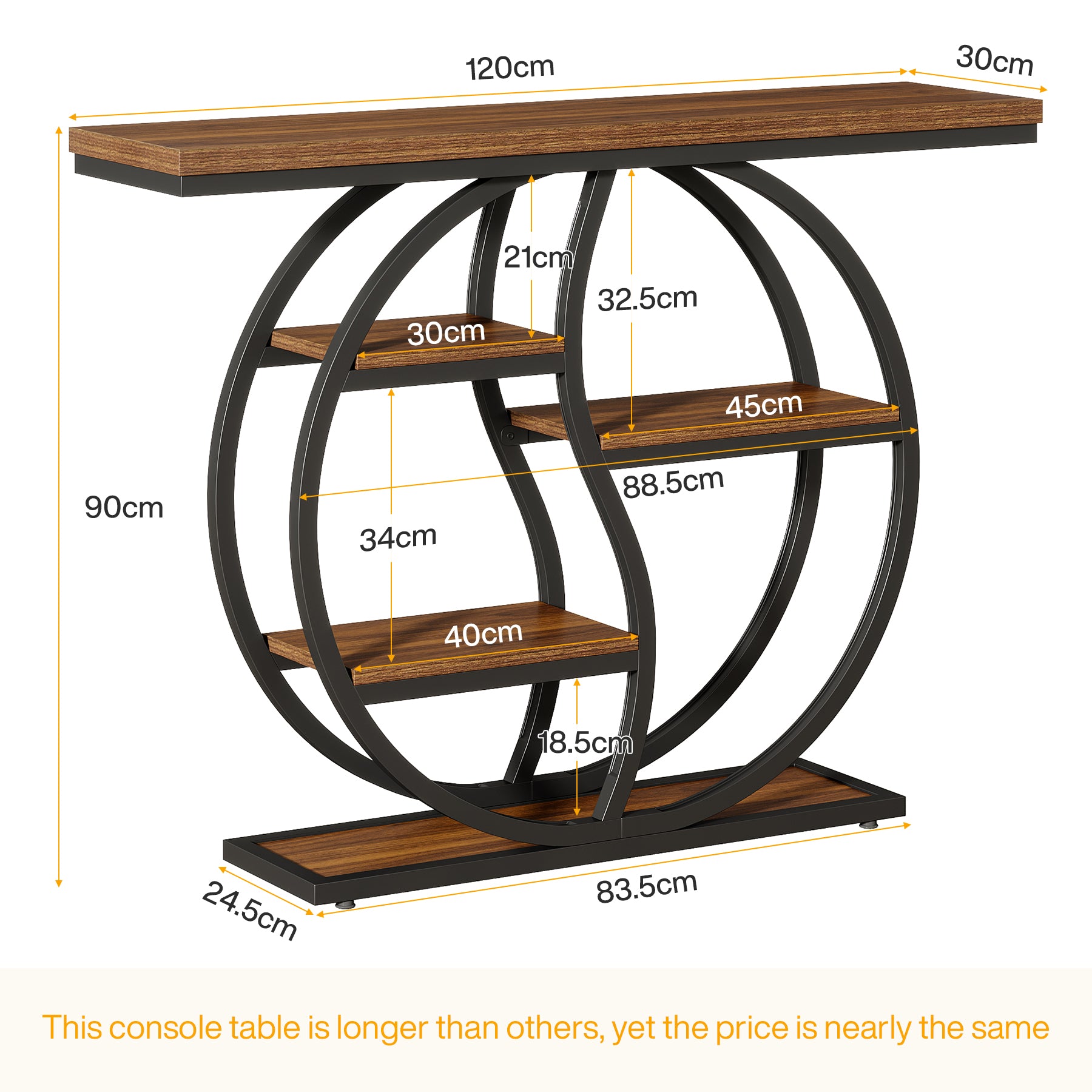 Consoletafel van 120 cm met 5 Lagen in Rustiek Bruin, Smalle Industriële Houten Hal- en Banktafel met Metalen Frame