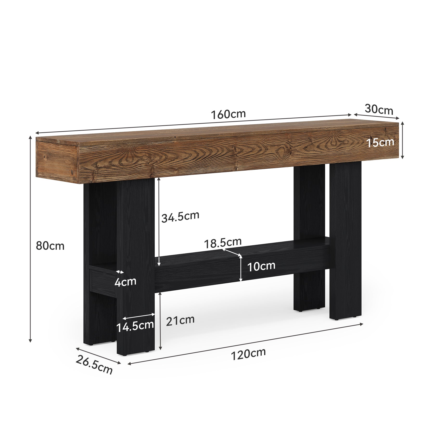 160cm Massief Houten Consoletafel, Extra Lange Smalle Tafel met 2 Opbergvakken in Landelijke Stijl