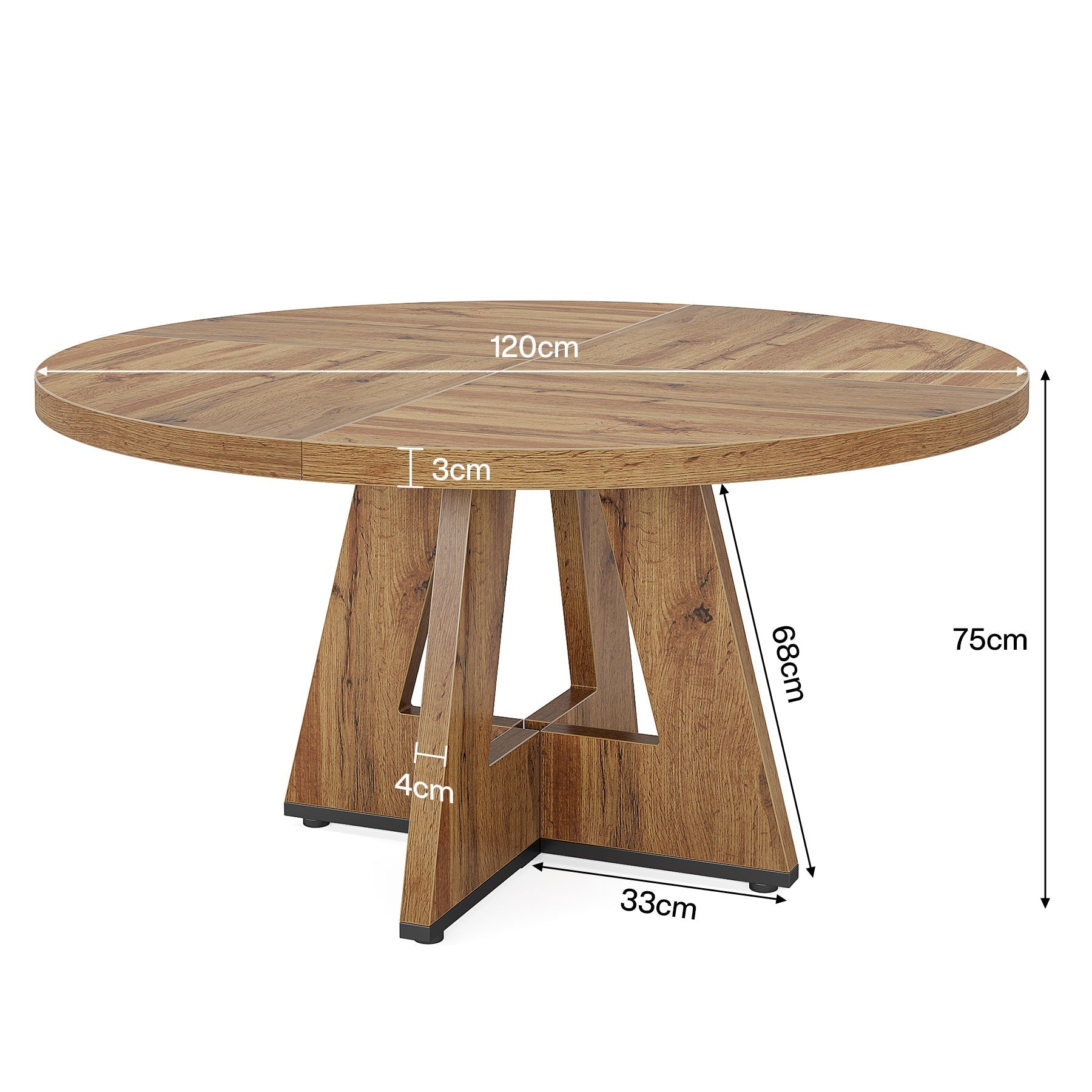 120 cm Ronde Boeren Eettafel, Bruin Houten Tafelblad voor 4 Personen in Keuken of Woonkamer