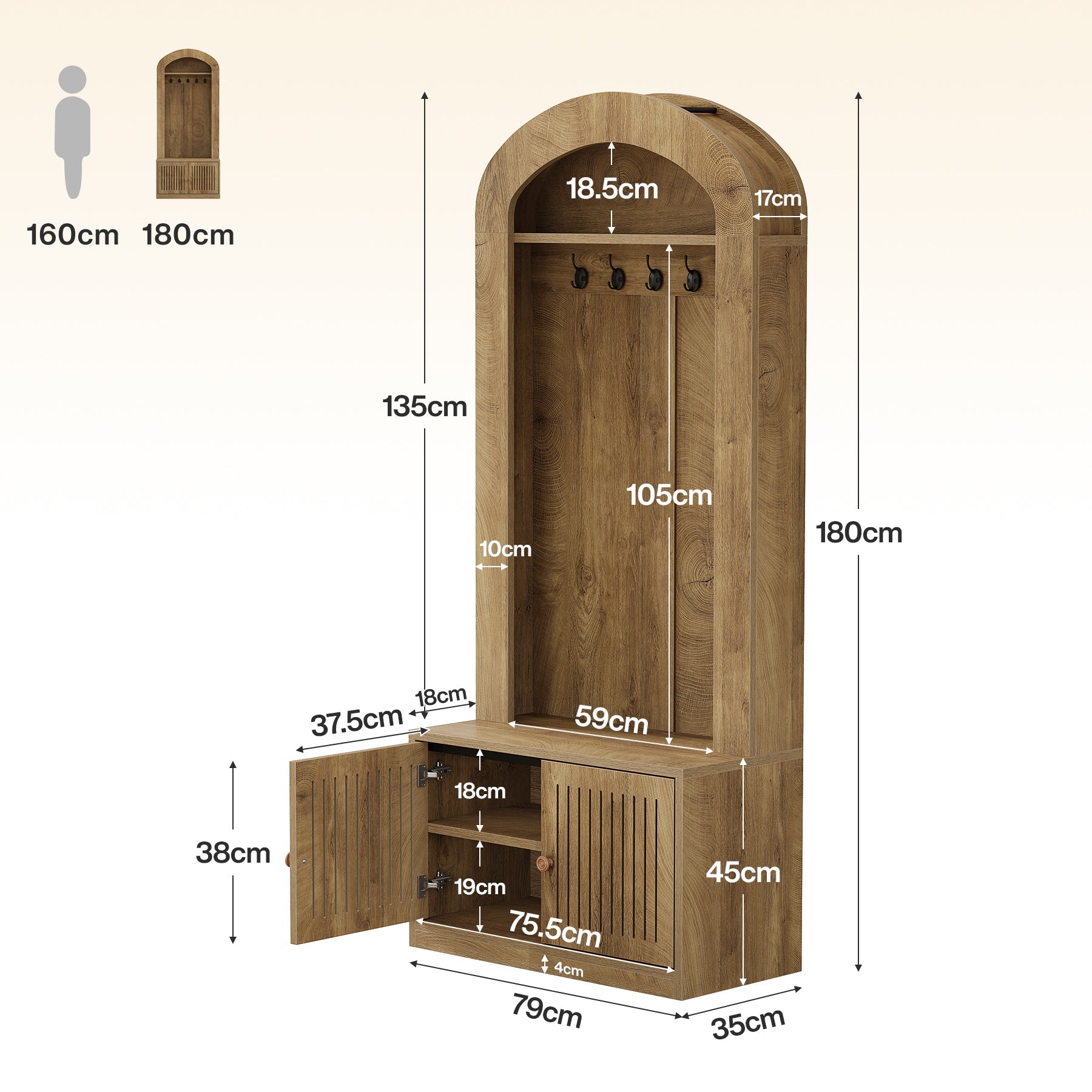 Tribesigns kapstok met zitbank en schoenenkast, halmeubel van 180 cm met 5 haken