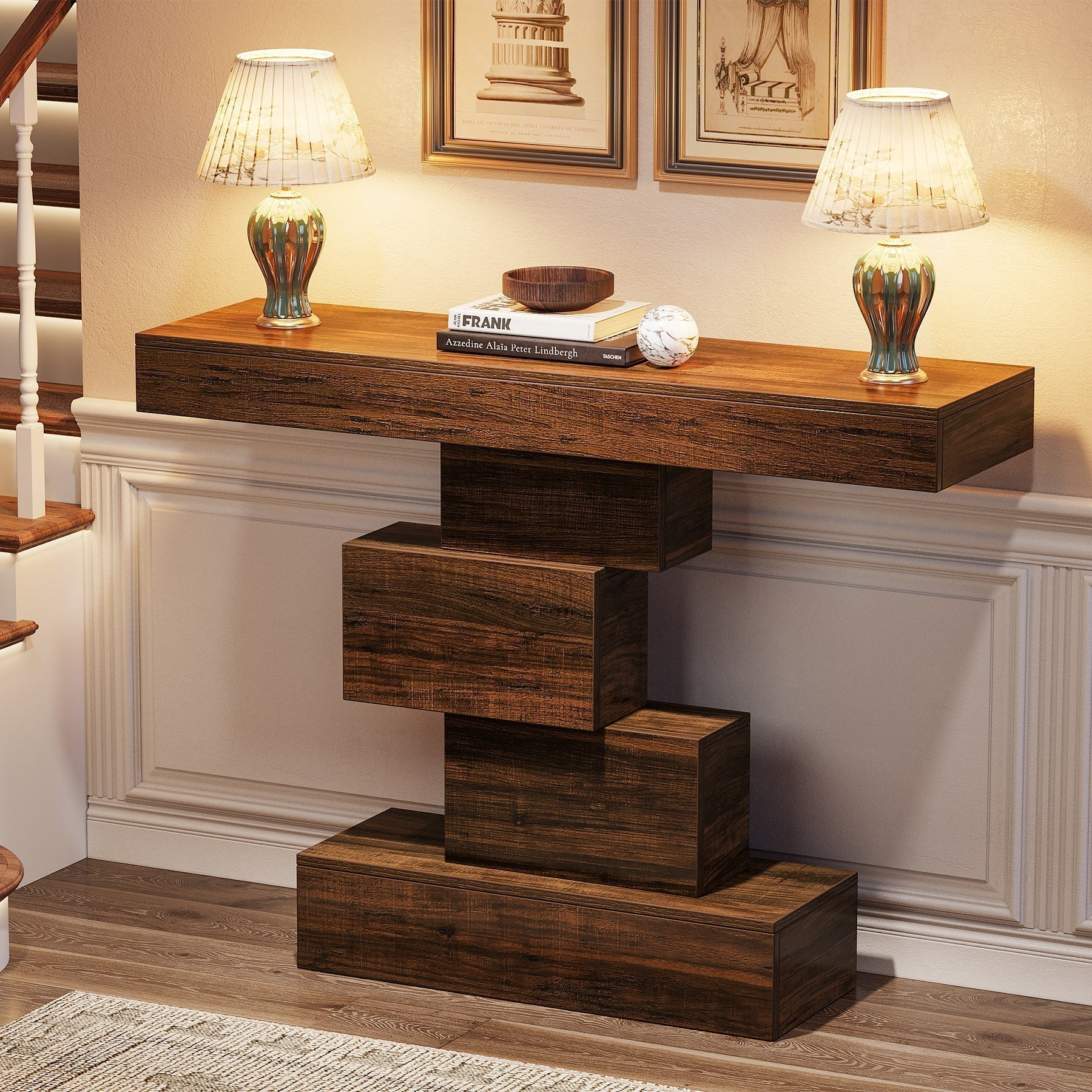 108 cm Landelijke Console, Industriële Bijzettafel met Geometrische Basis voor Hal en Woonkamer