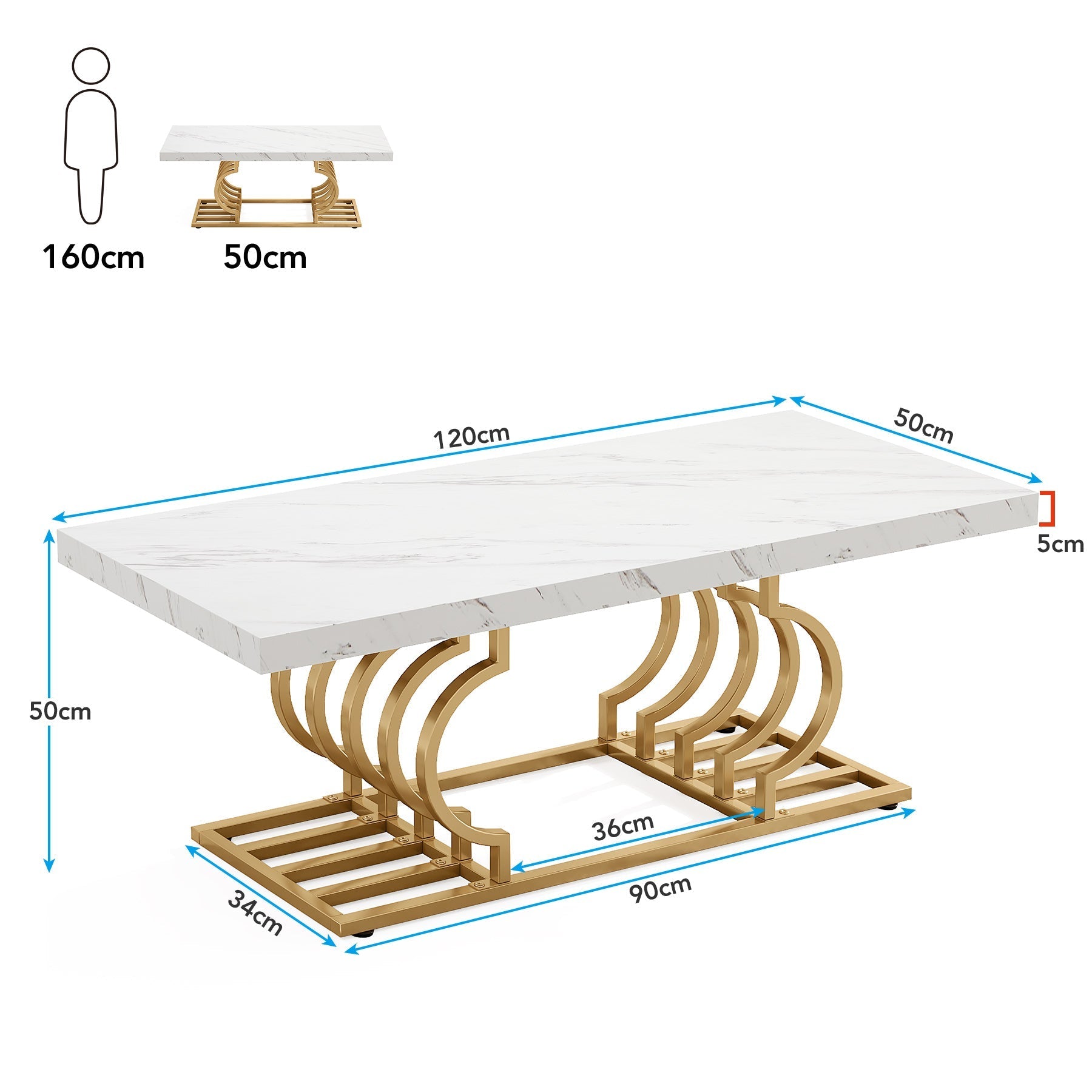 120 cm Moderne Salontafel, Witte Cocktailtafel met Geometrisch Frame en Marmer Print