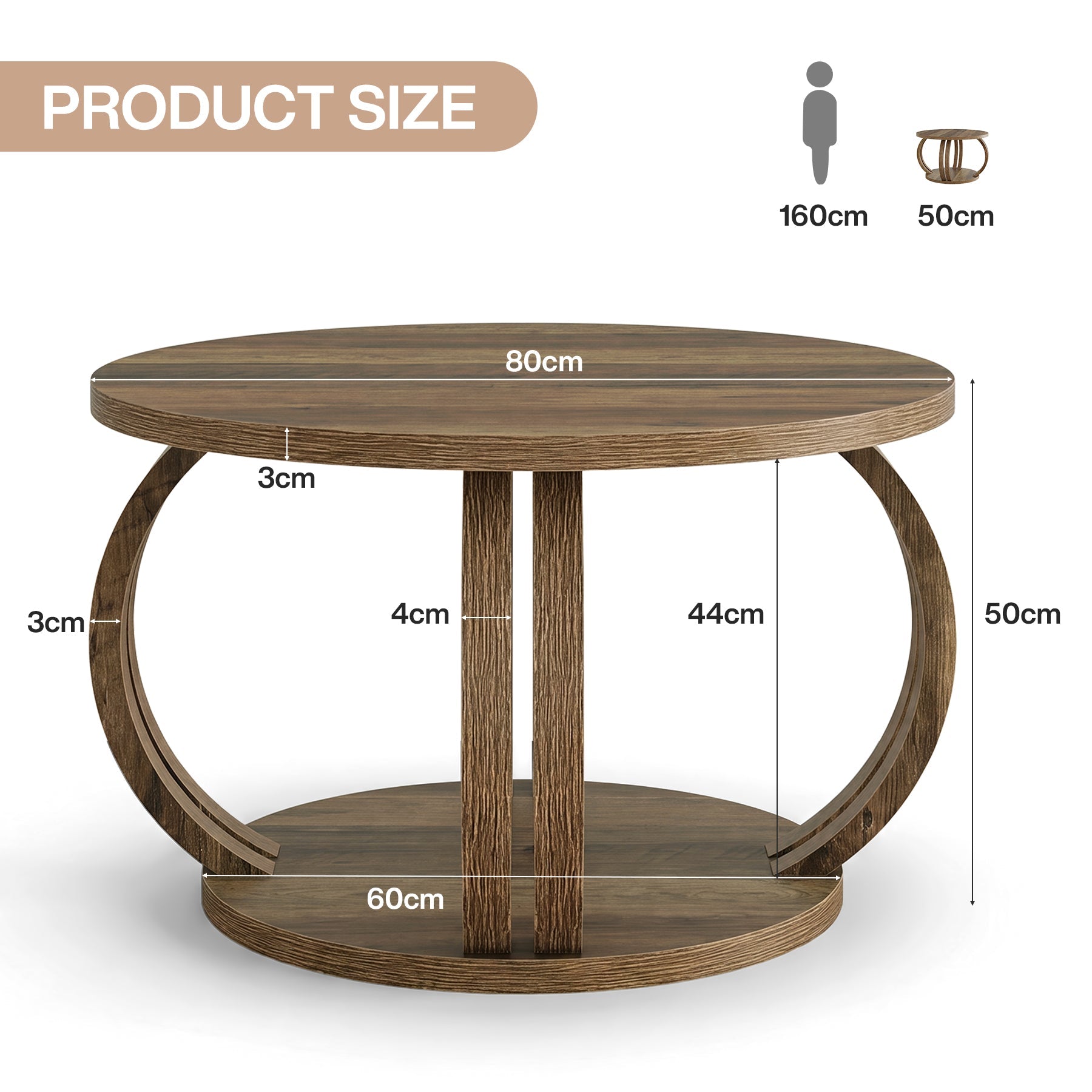 Tribesigns ronde salontafel 80 cm met plank, woonkamertafel met sculpturale zuilvoet