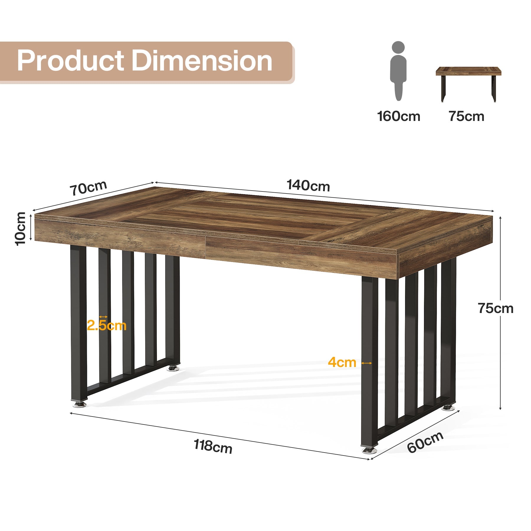 Tribesigns Eettafel 140 cm voor 4 personen, Rechthoekige Keukentafel met Stevige Metalen Poten