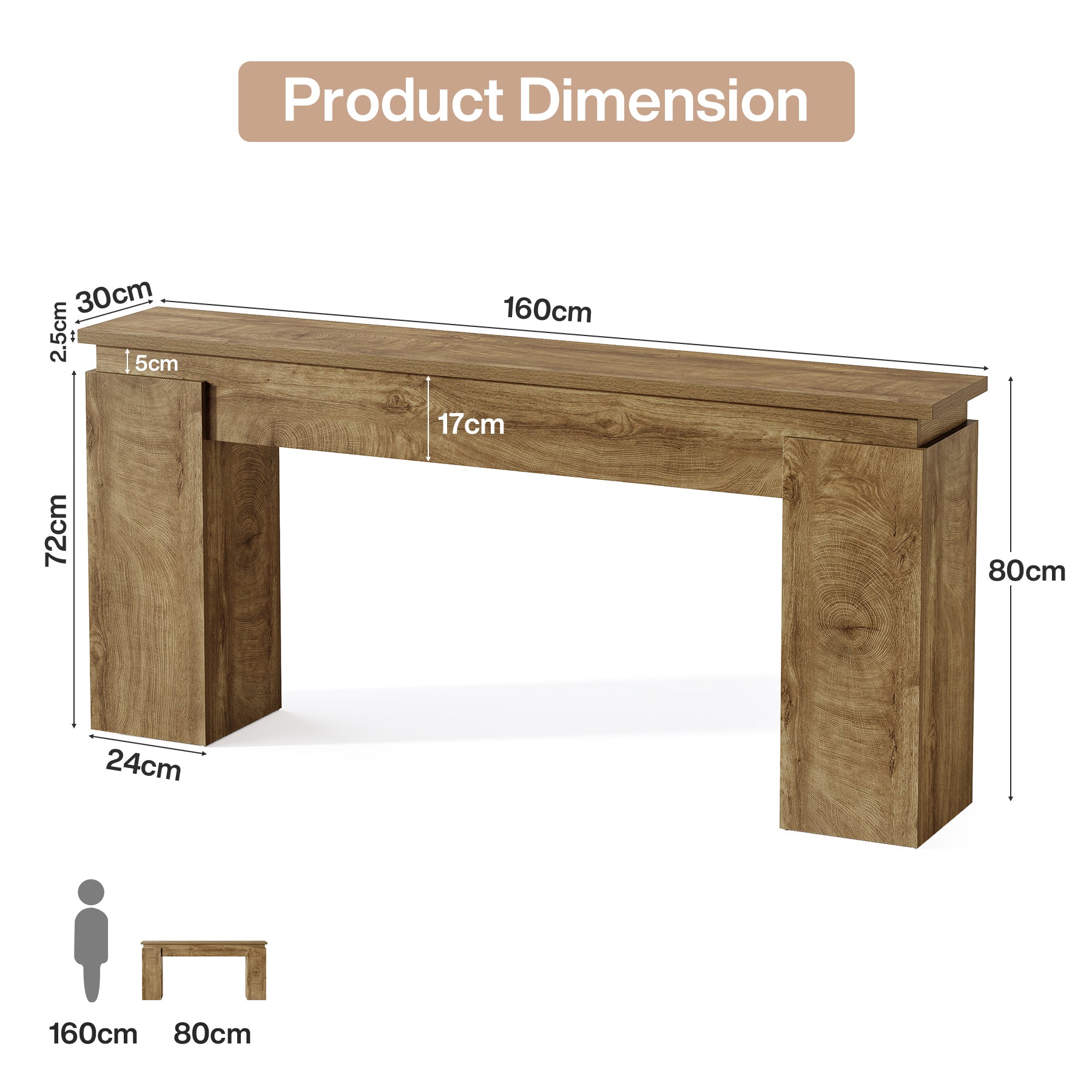 160 cm Consoletafel met Open Opbergrek, Landelijke Sofa Tafel voor Woonkamer en Entree