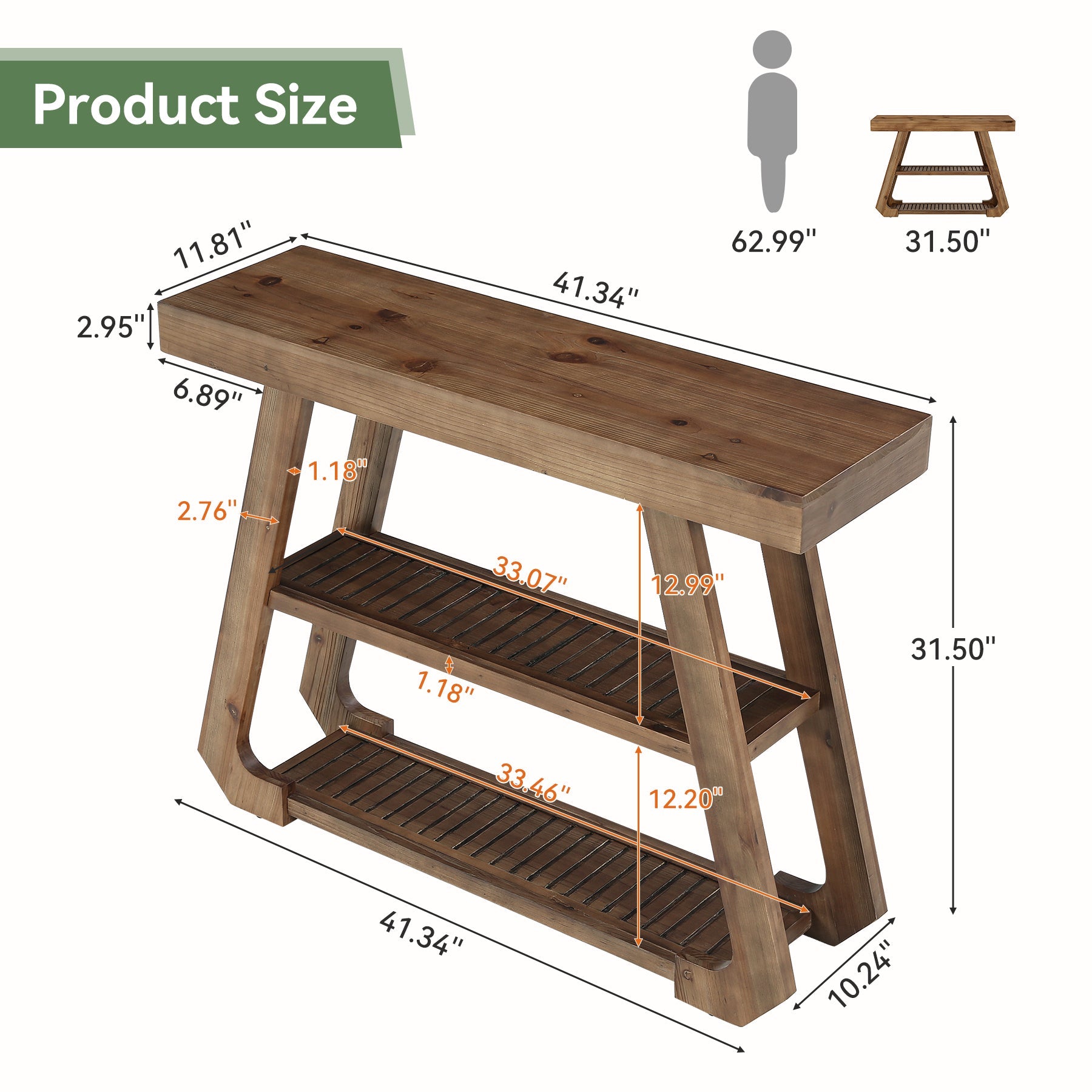 Tribesigns massief houten consoletafel van 105 cm met 3 legplanken, landelijke haltafel met A-frame