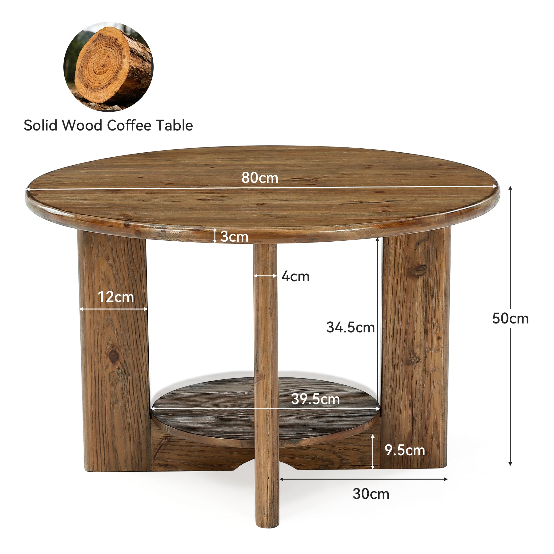 Tribesigns 80 cm Salontafel, Ronde 2-Laags Tafel met Opbergrek voor Woonkamer