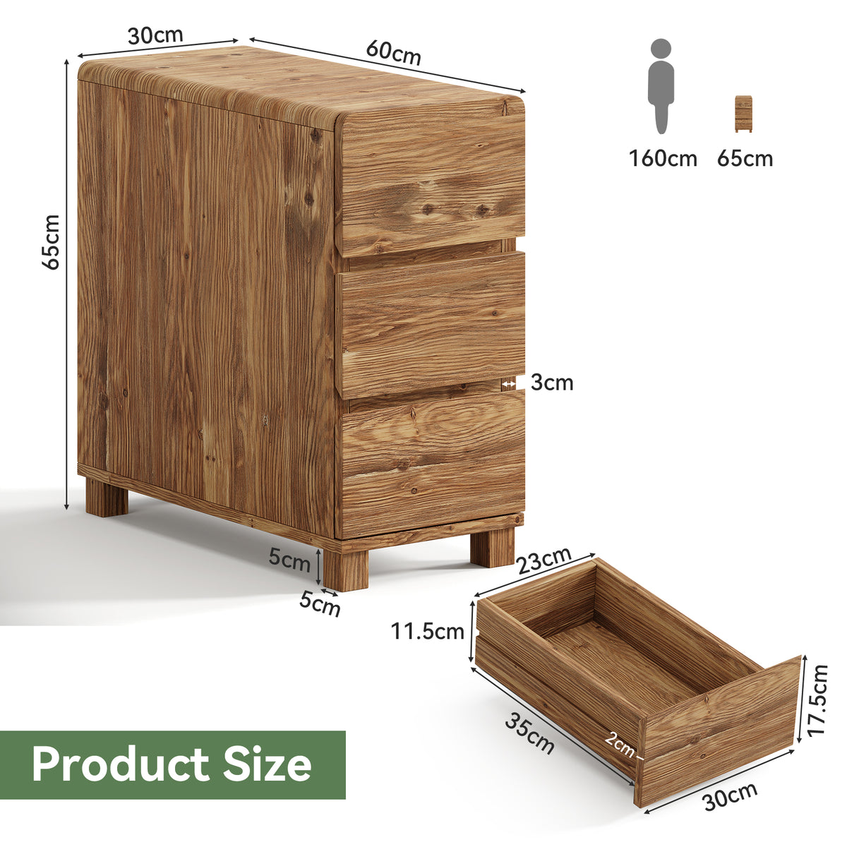 60 cm Tribesigns massief houten nachtkastje met 3 lades, smalle bijzettafel voor slaapkamer en kleine ruimtes