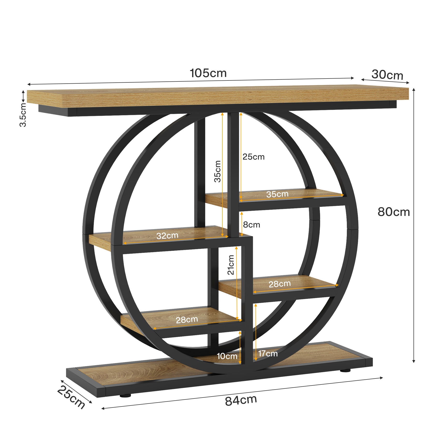 105 cm Industriële Console, 6 Etages met Rond Onderstel en Opbergplanken