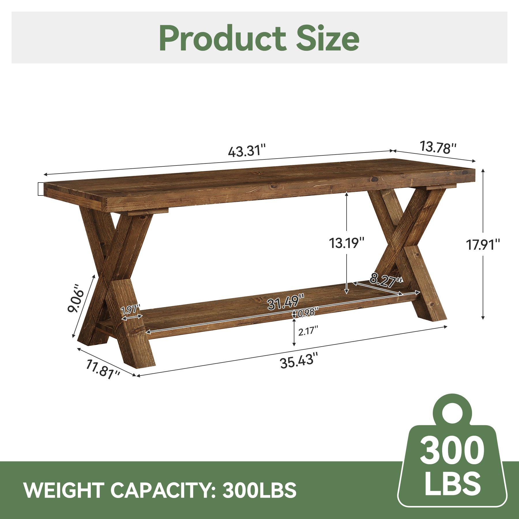 110 cm massief houten bank, landelijke halbank met opbergplank